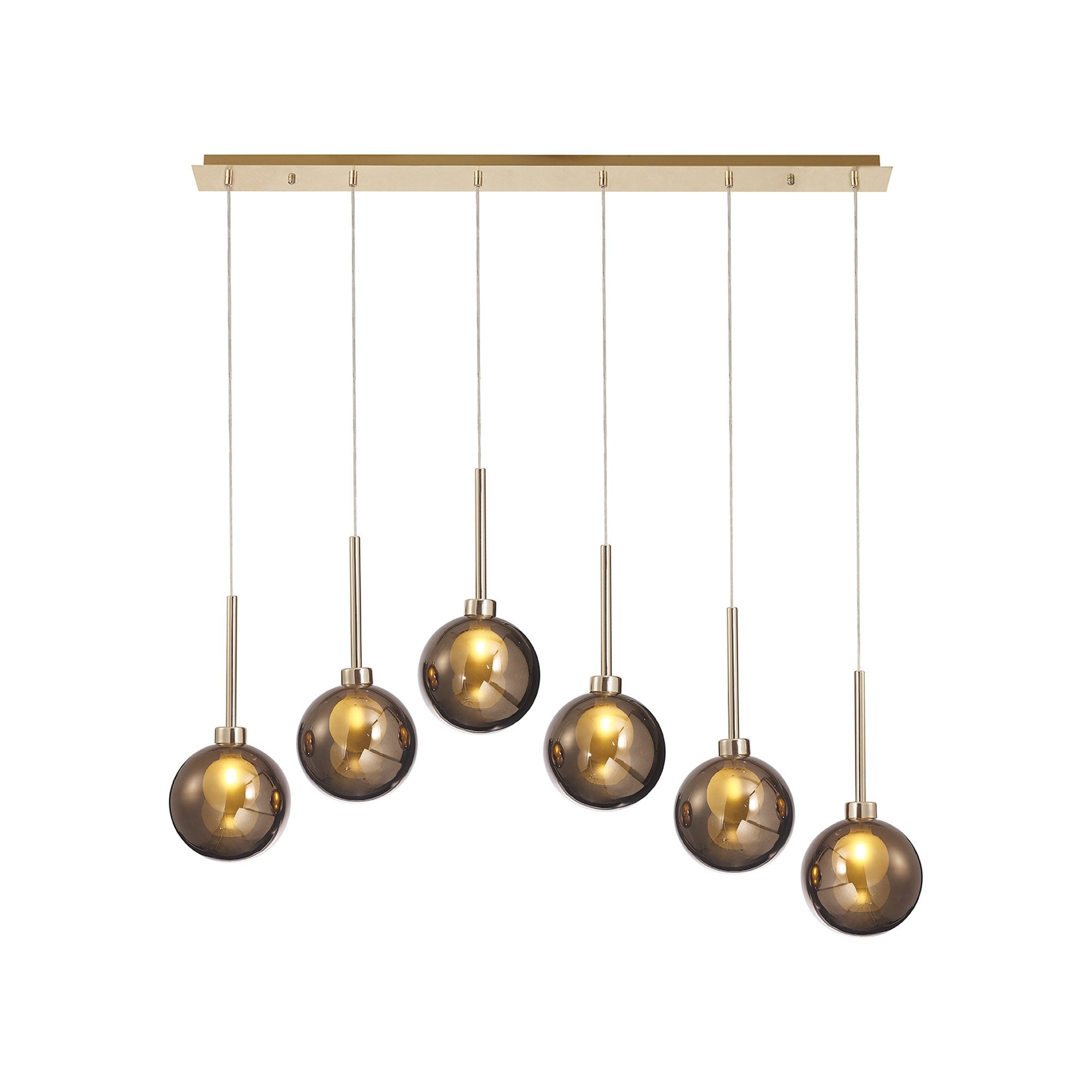 Fabula Tamworth 6 Light Linear Pendant - Round Shades with Inner Frosted Globes - French Gold, Copper & Frosted Glass