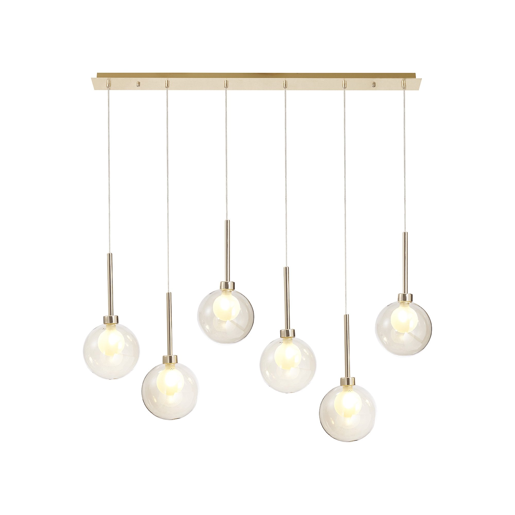 Fabula Tamworth 6 Light Linear Pendant - Round Shades with Inner Frosted Globes - French Gold, Cognac & Frosted Glass