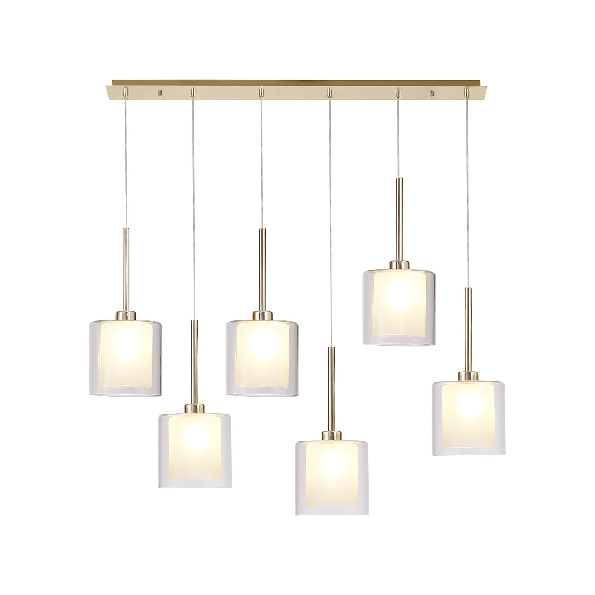 Fabula Tamworth 6 Light Linear Pendant - Medium Cylinder Shades with Clear Outer Glass - French Gold, Frosted & Clear Glass