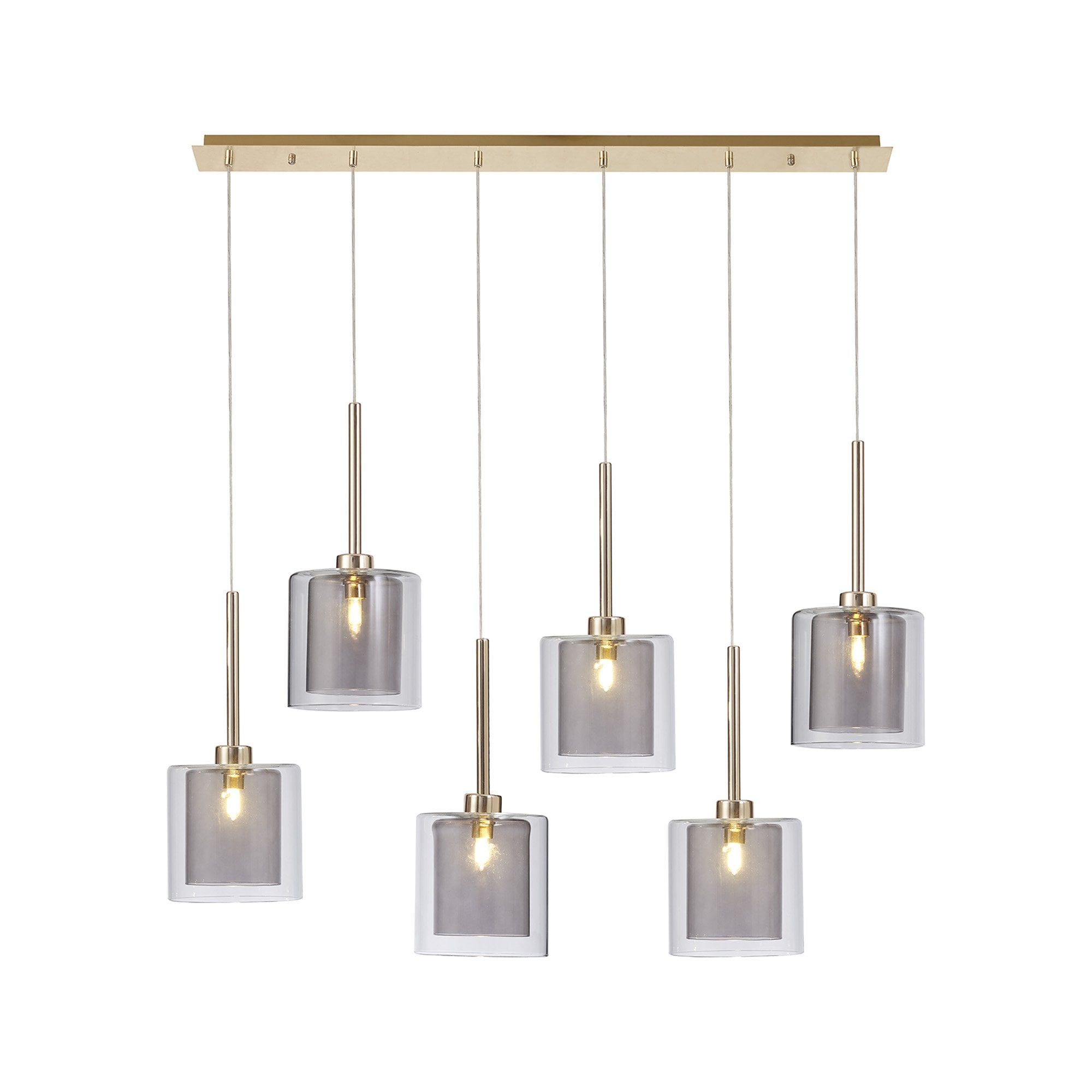 Fabula Tamworth 6 Light Linear Pendant - Medium Cylinder Shades with Clear Outer Glass - French Gold, Smoked & Clear Glass