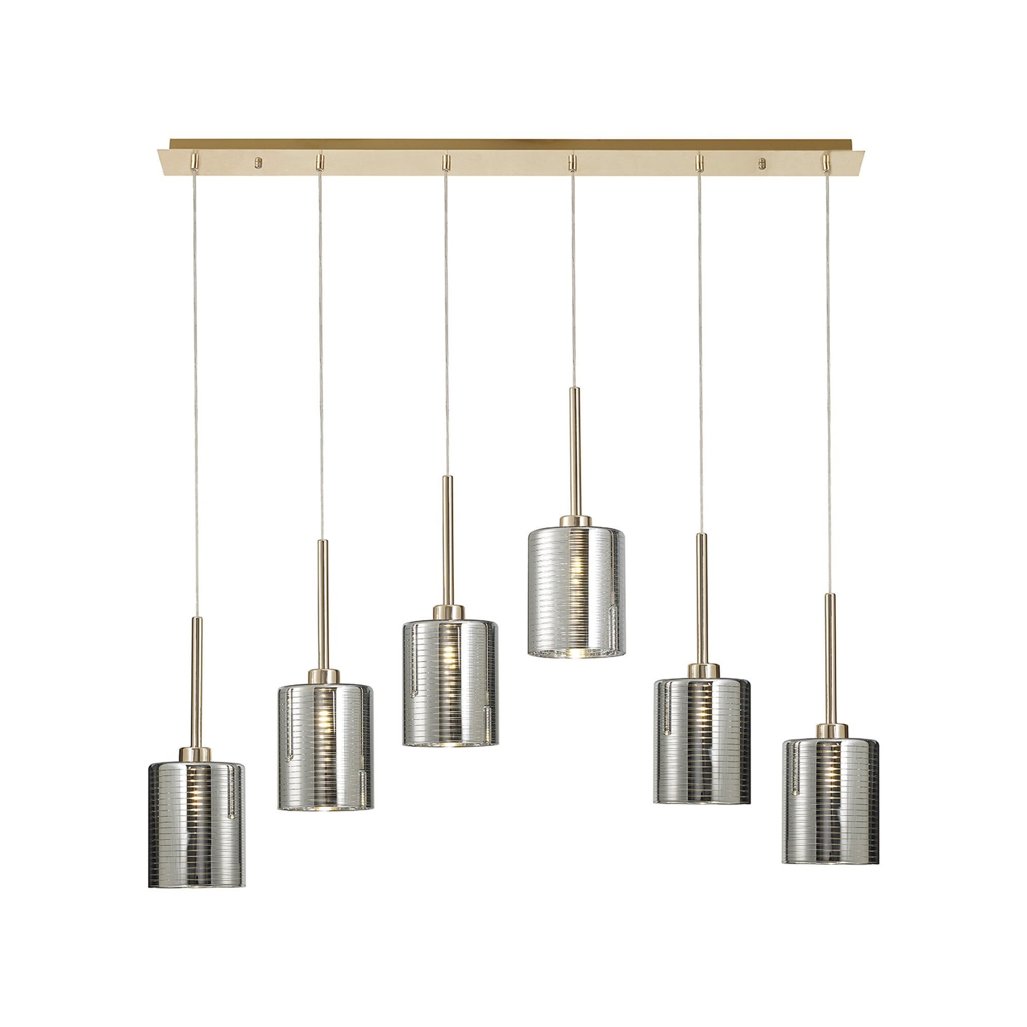 Fabula Tamworth 6 Light Linear Pendant - Medium Cylinder Shades - French Gold & Chrome Lined Glass