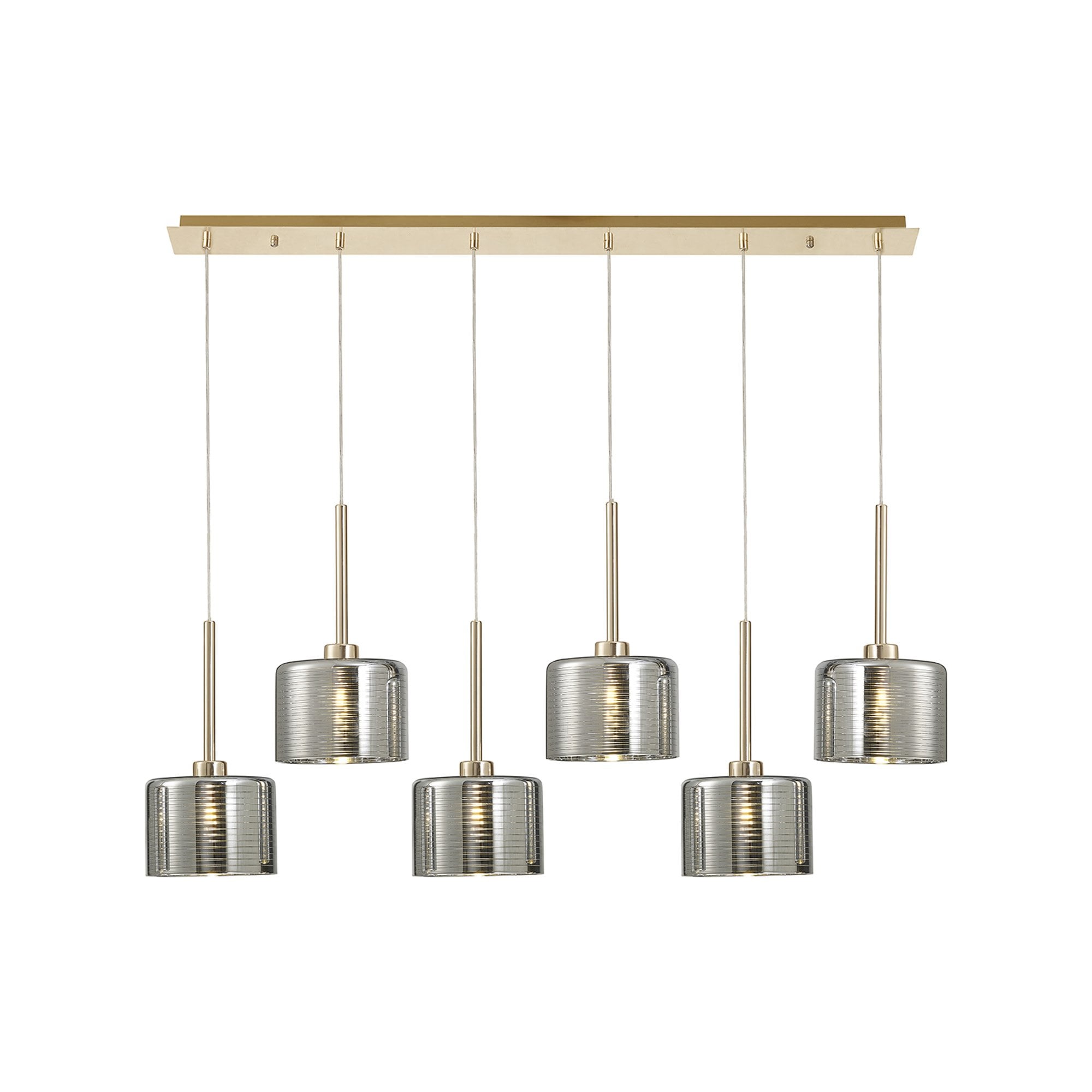 Fabula Tamworth 6 Light Linear Pendant - Short Cylinder Shades - French Gold & Chrome Lined Glass