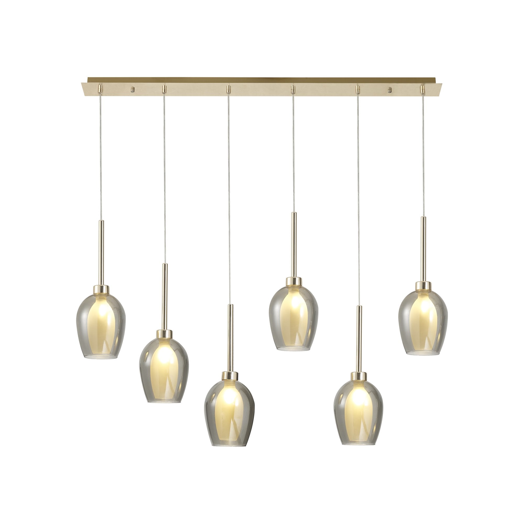 Fabula Tamworth 6 Light Linear Pendant - Wine Glass Shades with Inner Frosted Glass - French Gold, Smoked & Frosted Glass