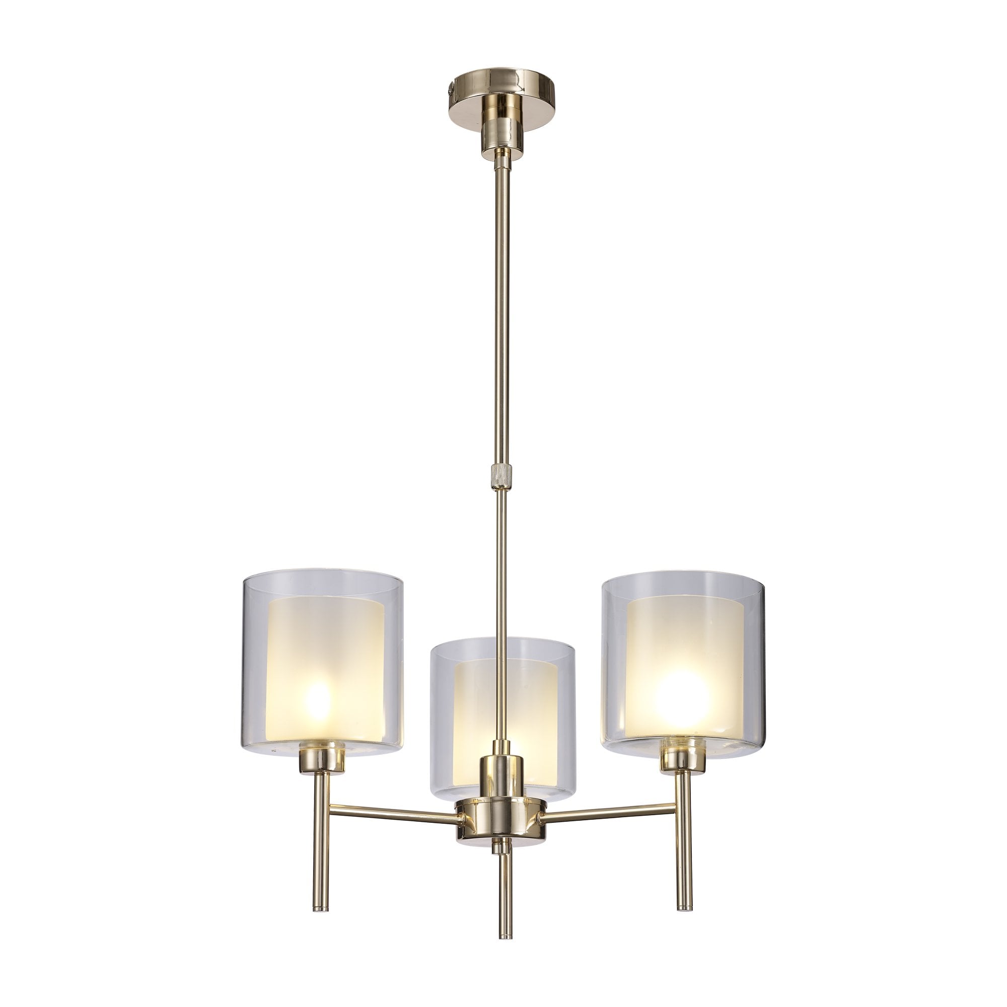 Fabula Tamworth 3 Light Telescopic Semi Flush - Medium Cylinder Shades with Clear Outer Glass - French Gold, Frosted & Clear Glass