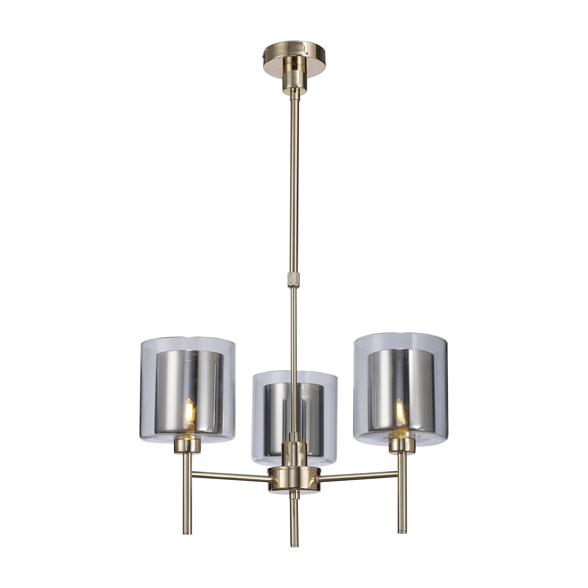 Fabula Tamworth 3 Light Telescopic Semi Flush - Medium Cylinder Shades with Clear Outer Glass - French Gold, Chrome & Clear Glass