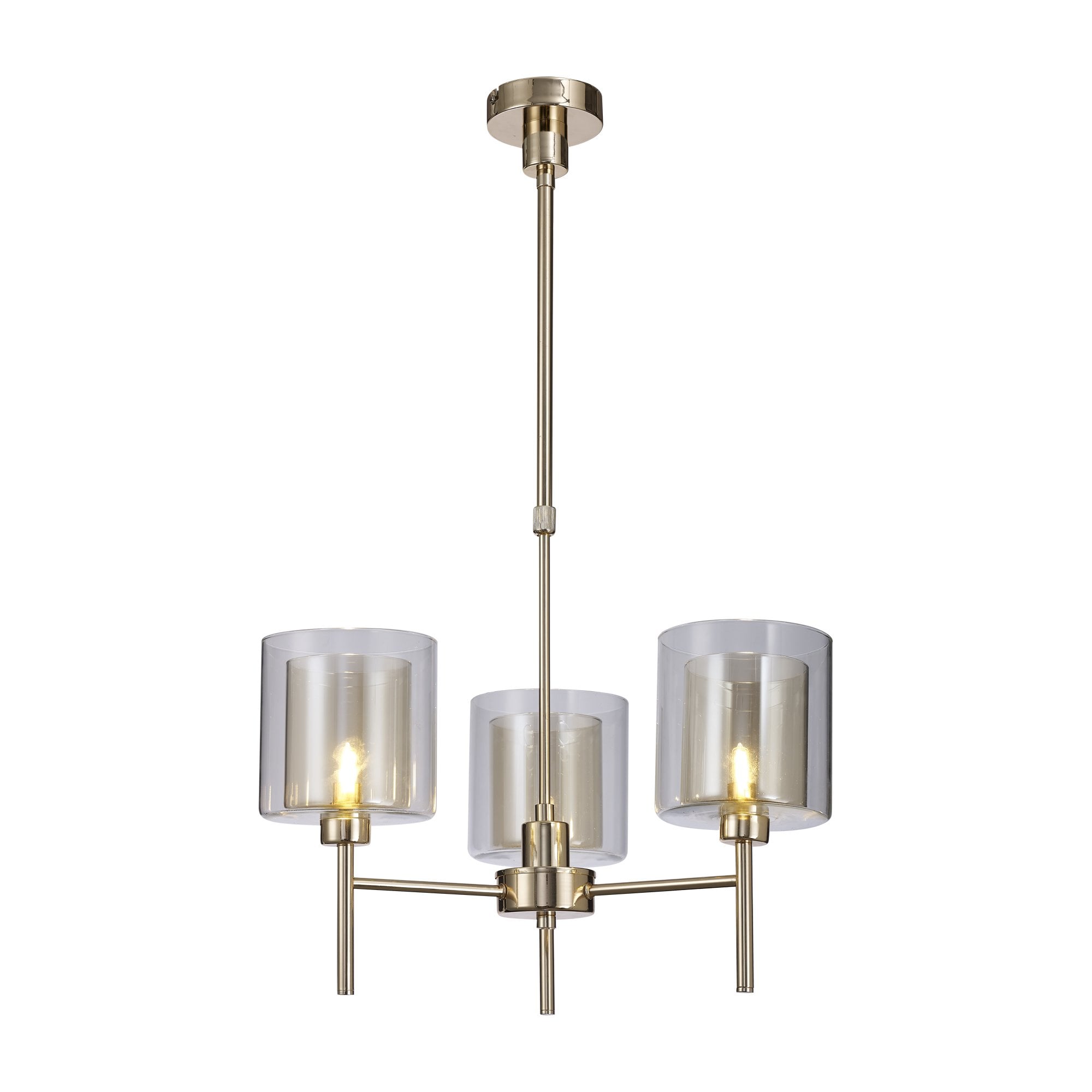 Fabula Tamworth 3 Light Telescopic Semi Flush - Medium Cylinder Shades with Clear Outer Glass - French Gold, Cognac & Clear Glass