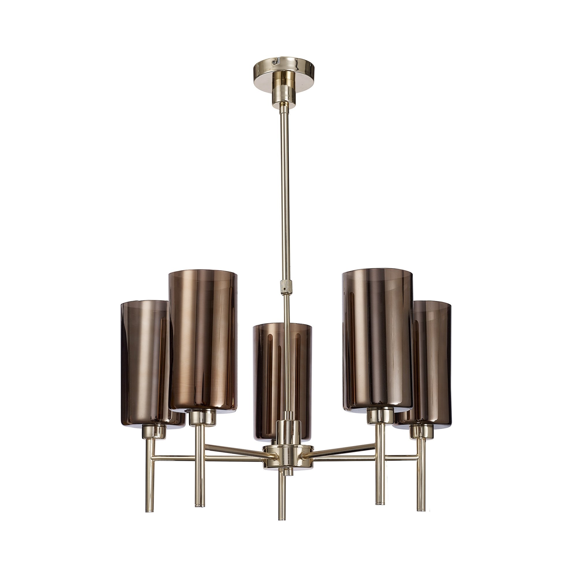 Fabula Tamworth 5 Light Telescopic Semi Flush - Tall Cylinder Shades - French Gold & Copper Glass