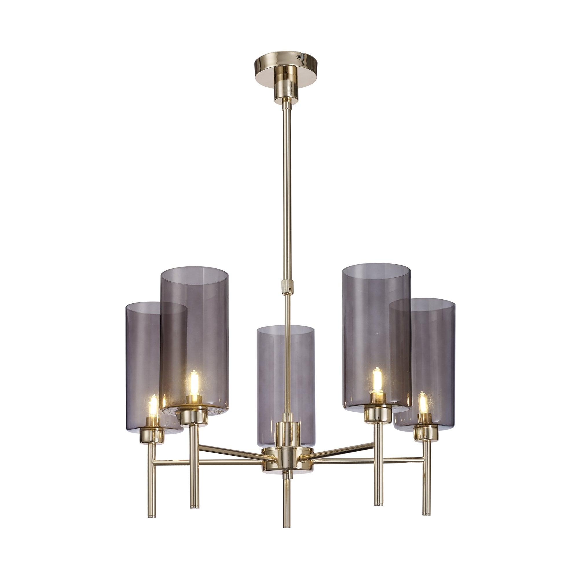 Fabula Tamworth 5 Light Telescopic Semi Flush - Tall Cylinder Shades - French Gold & Smoked Glass
