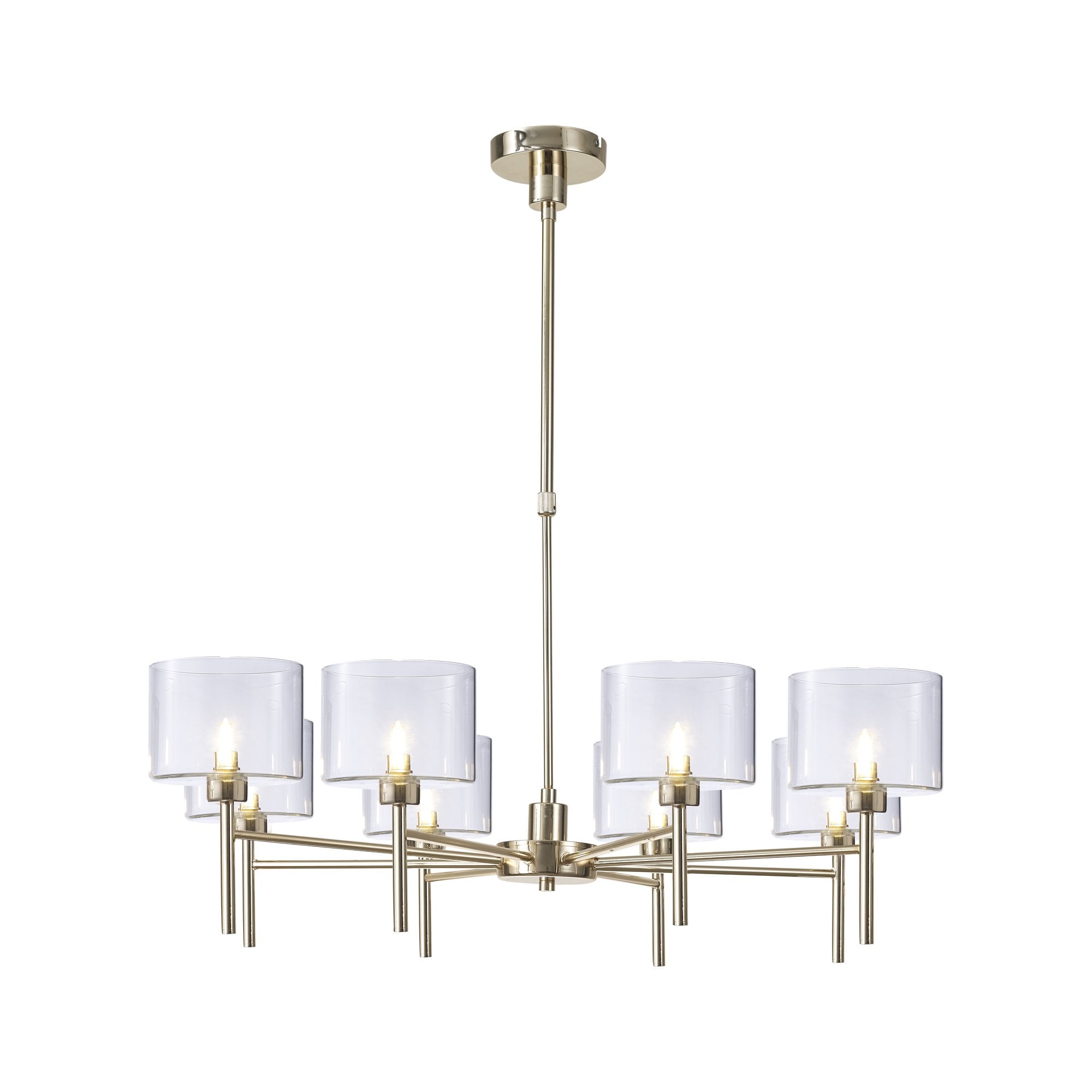 Fabula Tamworth 8 Light Telescopic Semi Flush - Short Cylinder Shades - French Gold & Clear Glass