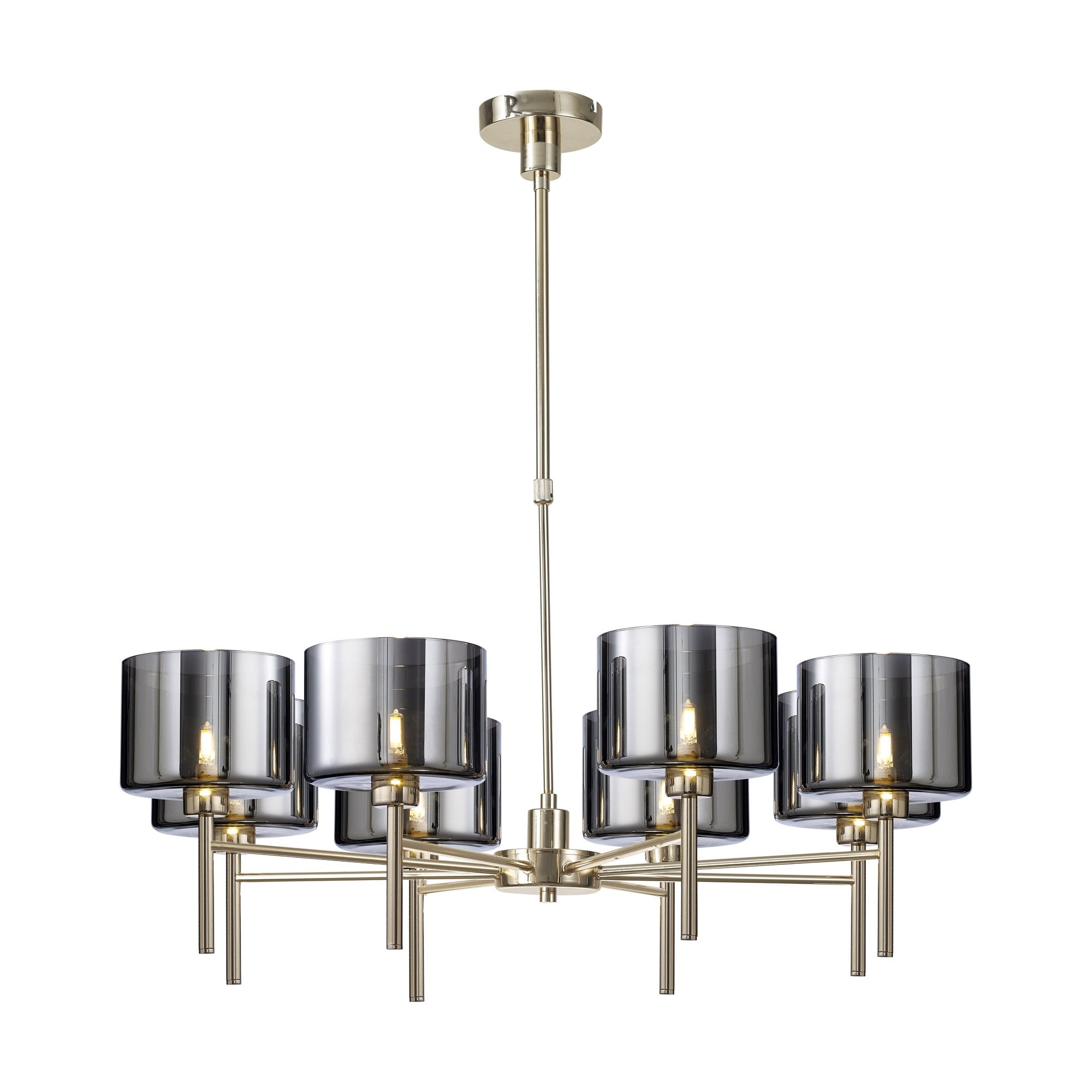 Fabula Tamworth 8 Light Telescopic Semi Flush - Short Cylinder Shades - French Gold & Chrome Glass