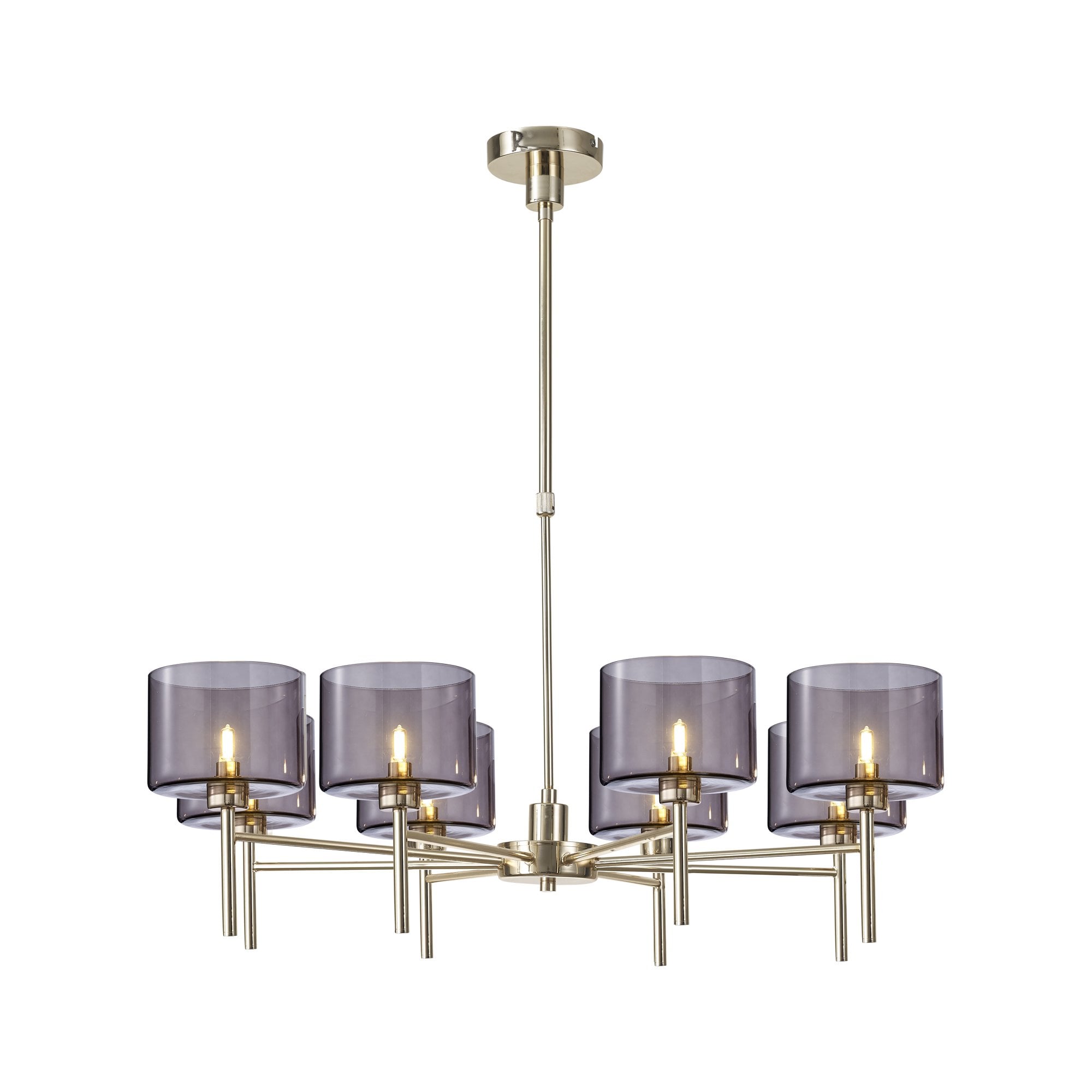Fabula Tamworth 8 Light Telescopic Semi Flush - Short Cylinder Shades - French Gold & Smoked Glass