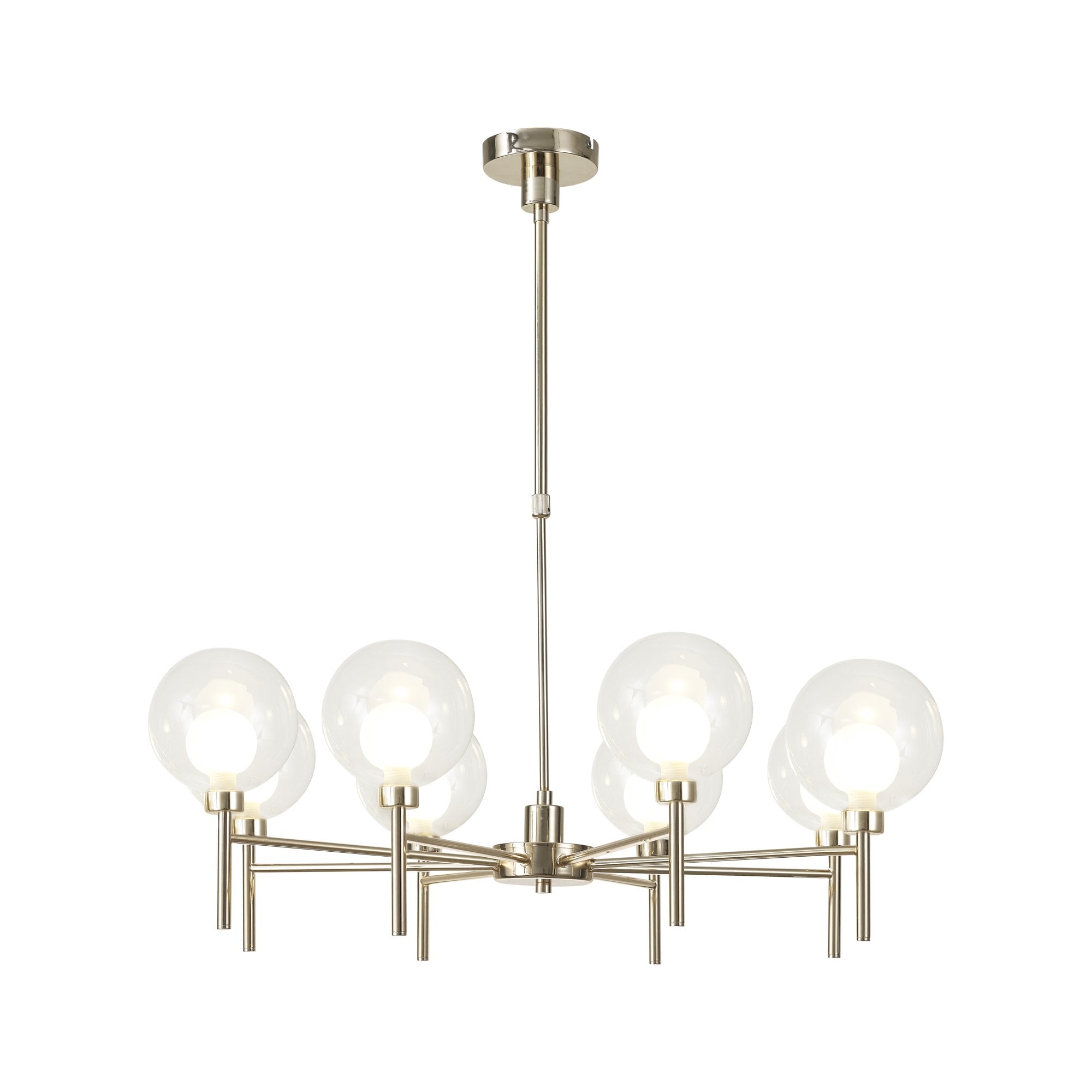 Fabula Tamworth 8 Light Telescopic Semi Flush - Round Shades with Inner Frosted Globes - French Gold, Clear & Frosted Glass