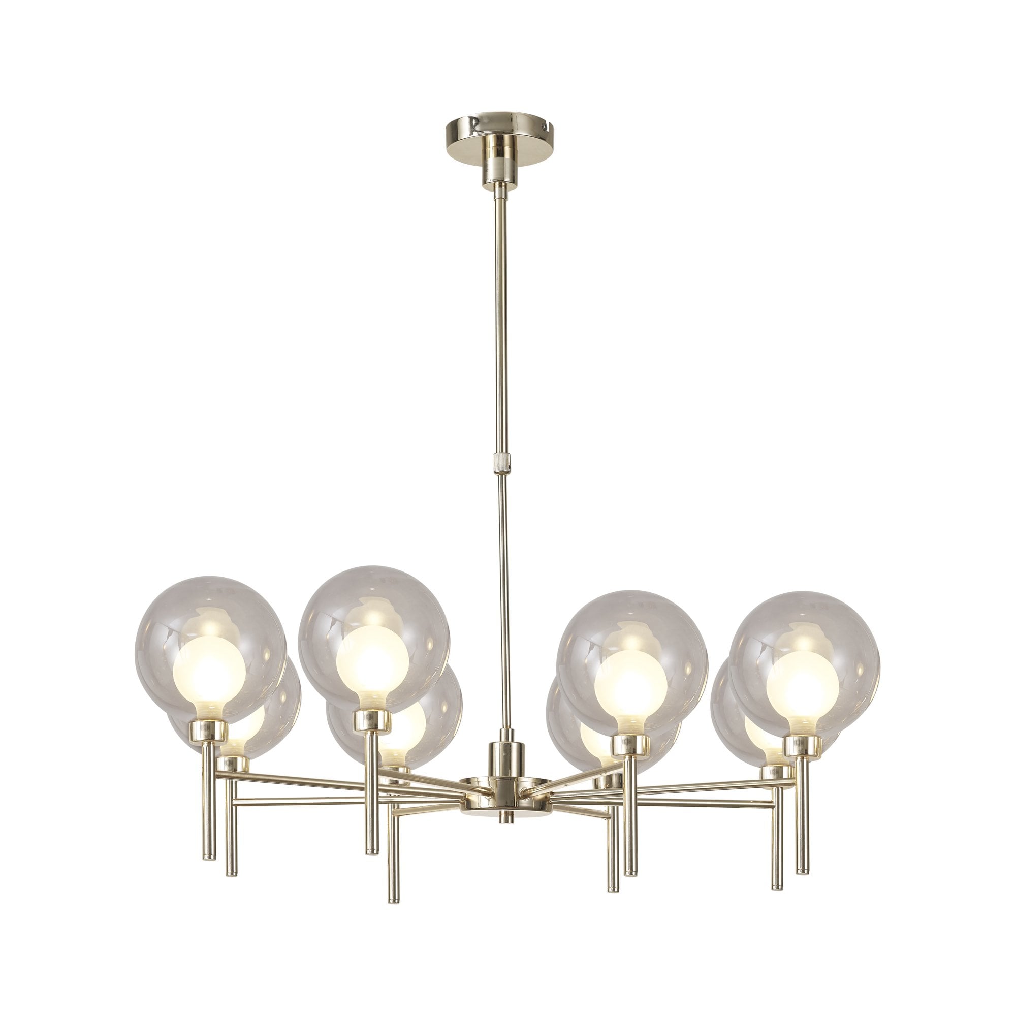 Fabula Tamworth 8 Light Telescopic Semi Flush - Round Shades with Inner Frosted Globes - French Gold, Smoked & Frosted Glass