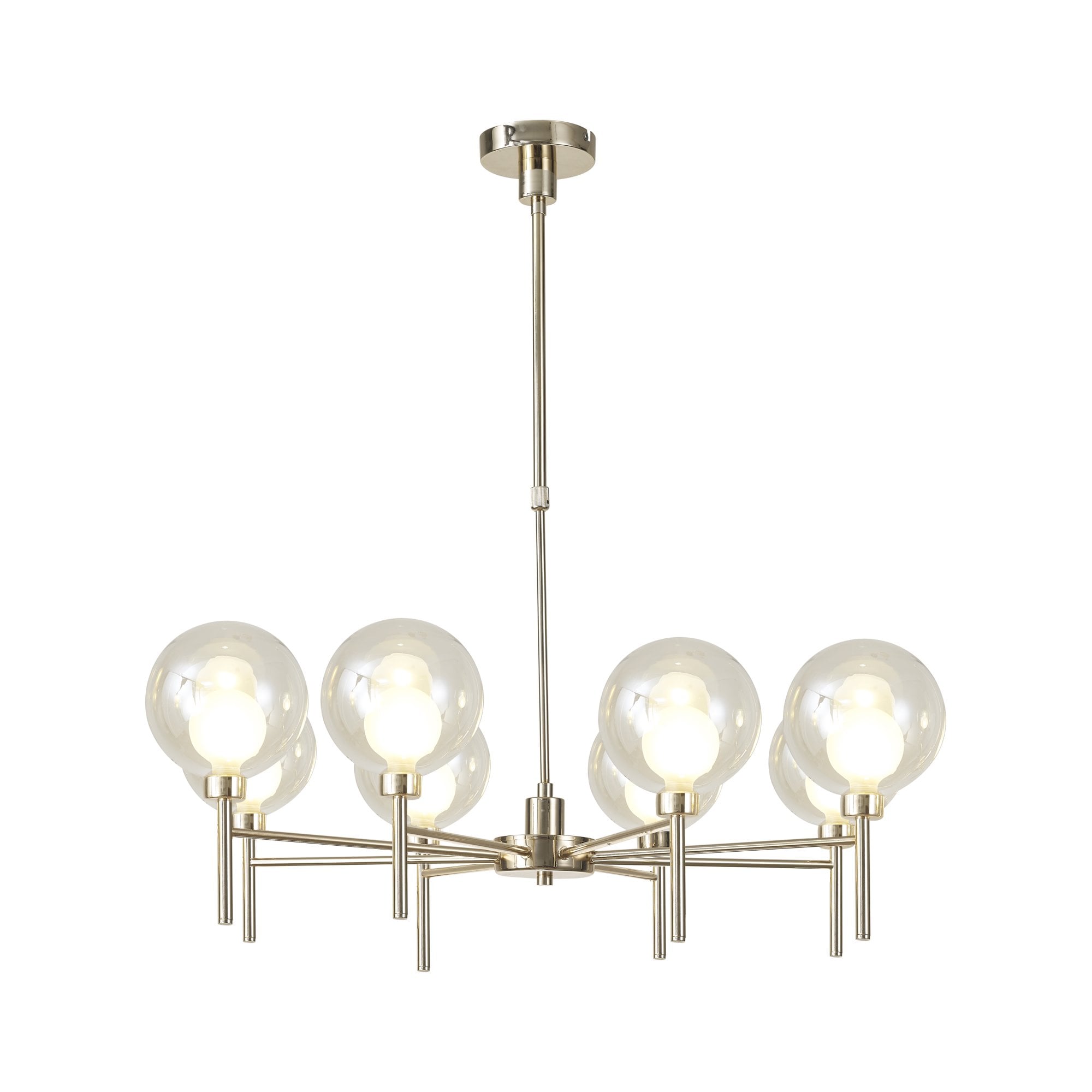 Fabula Tamworth 8 Light Telescopic Semi Flush - Round Shades with Inner Frosted Globes - French Gold, Cognac & Frosted Glass