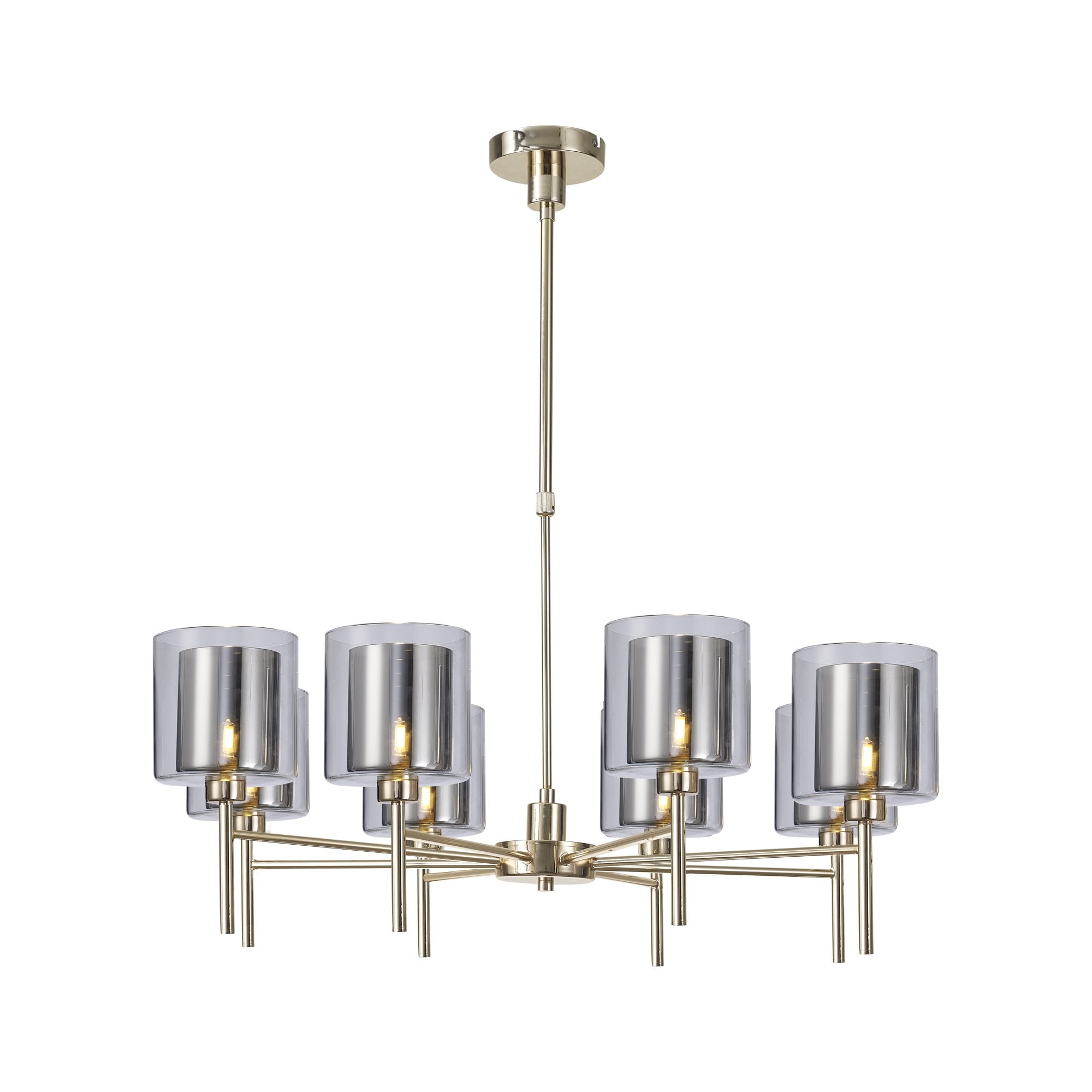 Fabula Tamworth 8 Light Telescopic Semi Flush - Medium Cylinder Shades with Clear Outer Glass - French Gold, Chrome & Clear Glass