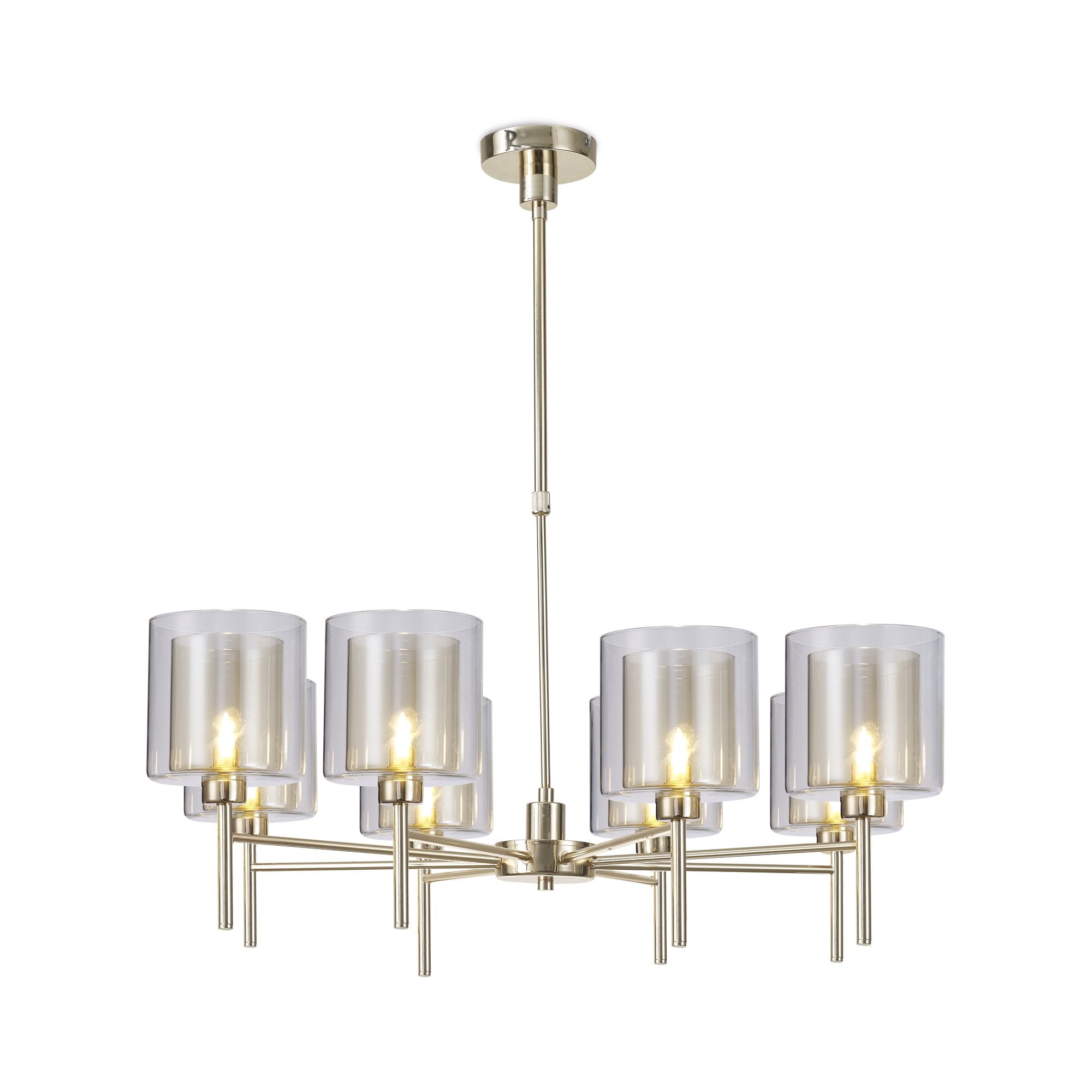 Fabula Tamworth 8 Light Telescopic Semi Flush - Medium Cylinder Shades with Clear Outer Glass - French Gold, Cognac & Clear Glass