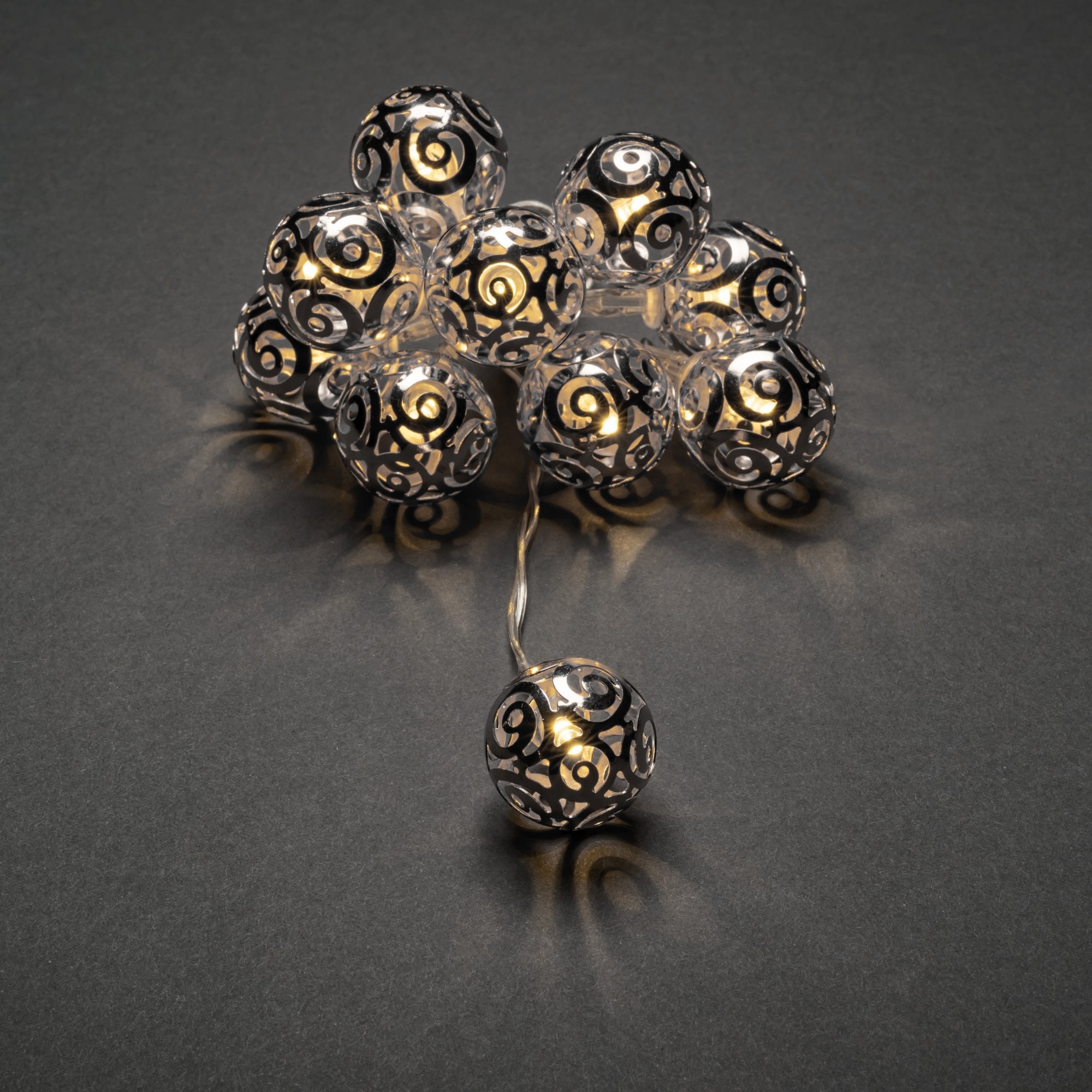 Konstsmide Festoon 0.9m Decorative Light Set - 10 LED Swirl Metal Balls - Silver - Battery Operated