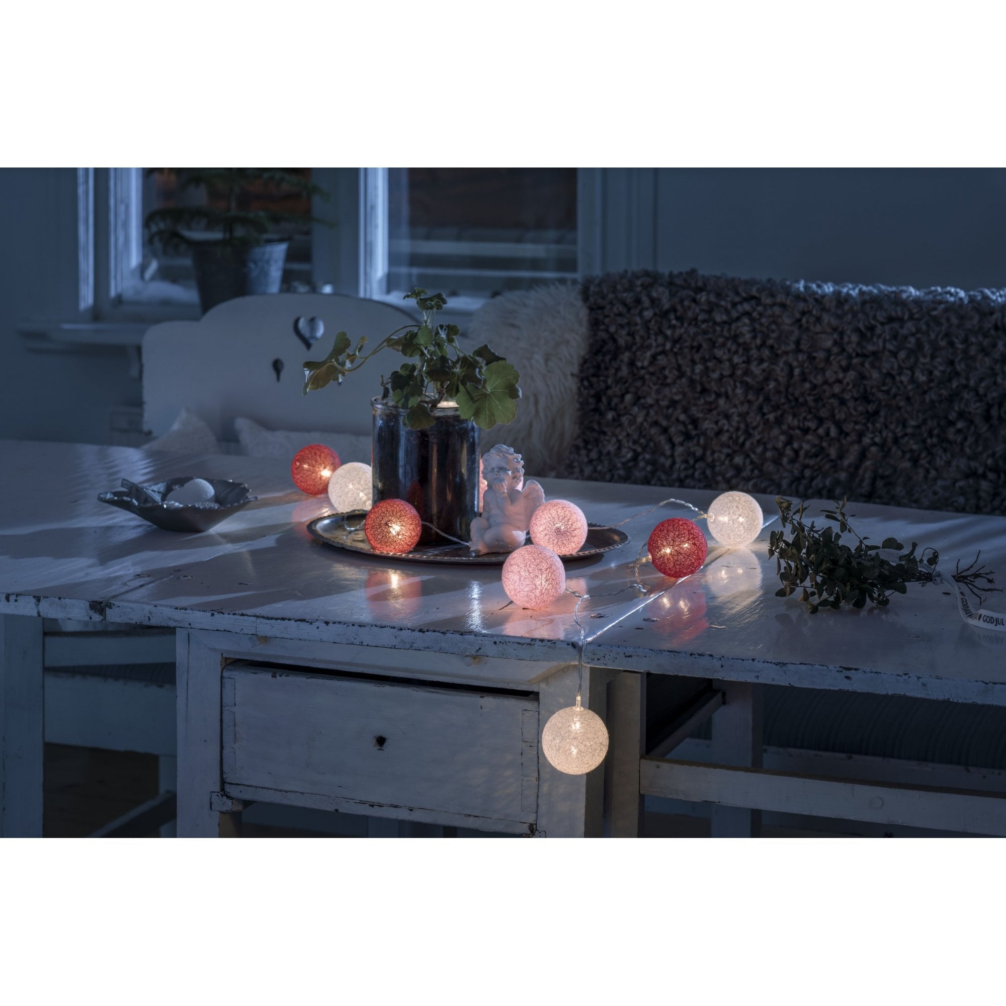 Konstsmide Festoon 1.8m Decorative Light Set - 10 LED Cotton Balls - Red, White & Pink - Battery Operated