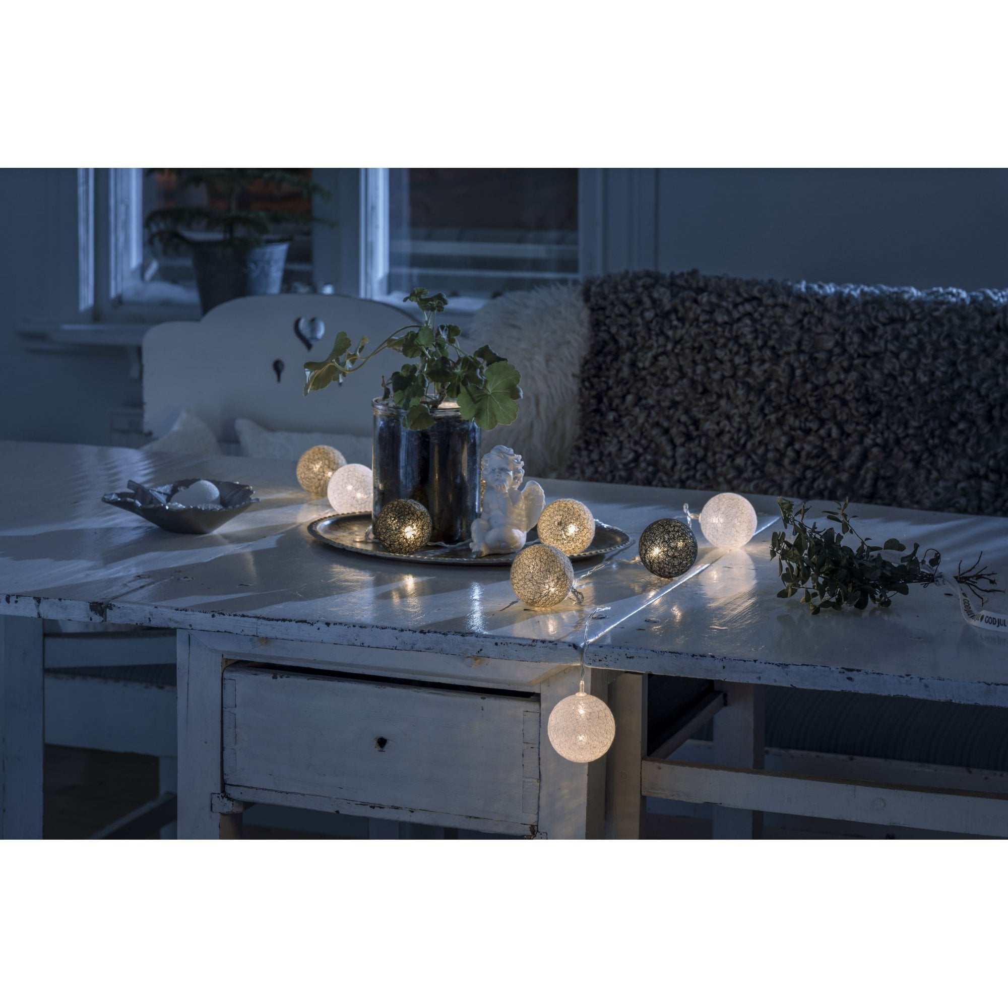 Konstsmide Festoon 1.8m Decorative Light Set - 10 LED Cotton Balls - White, Grey & Black - Battery Operated