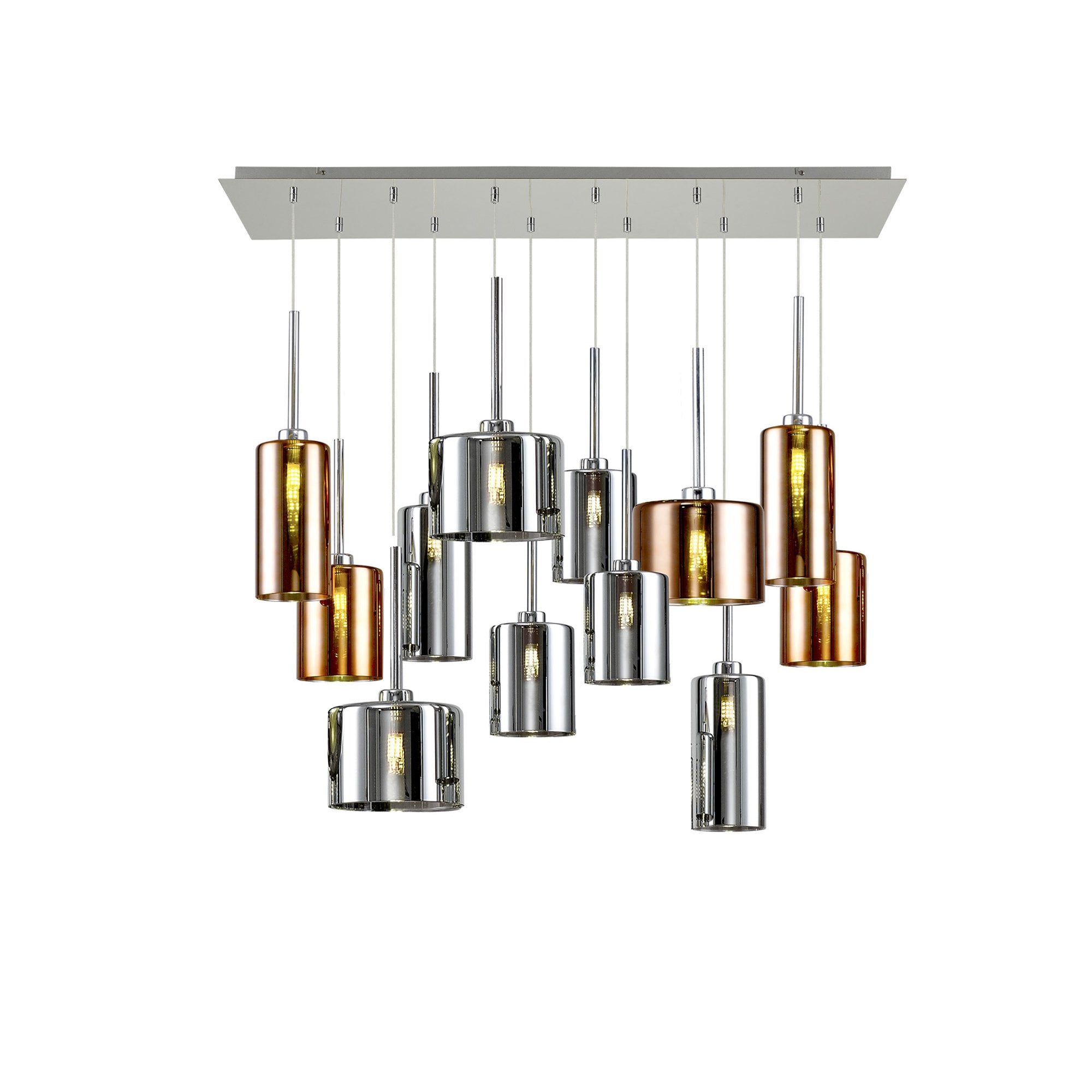 Fabula Tamworth 12 Light Linear Pendant - Mixed Cylinder Shades - Polished Chrome, Chrome & Copper Glass