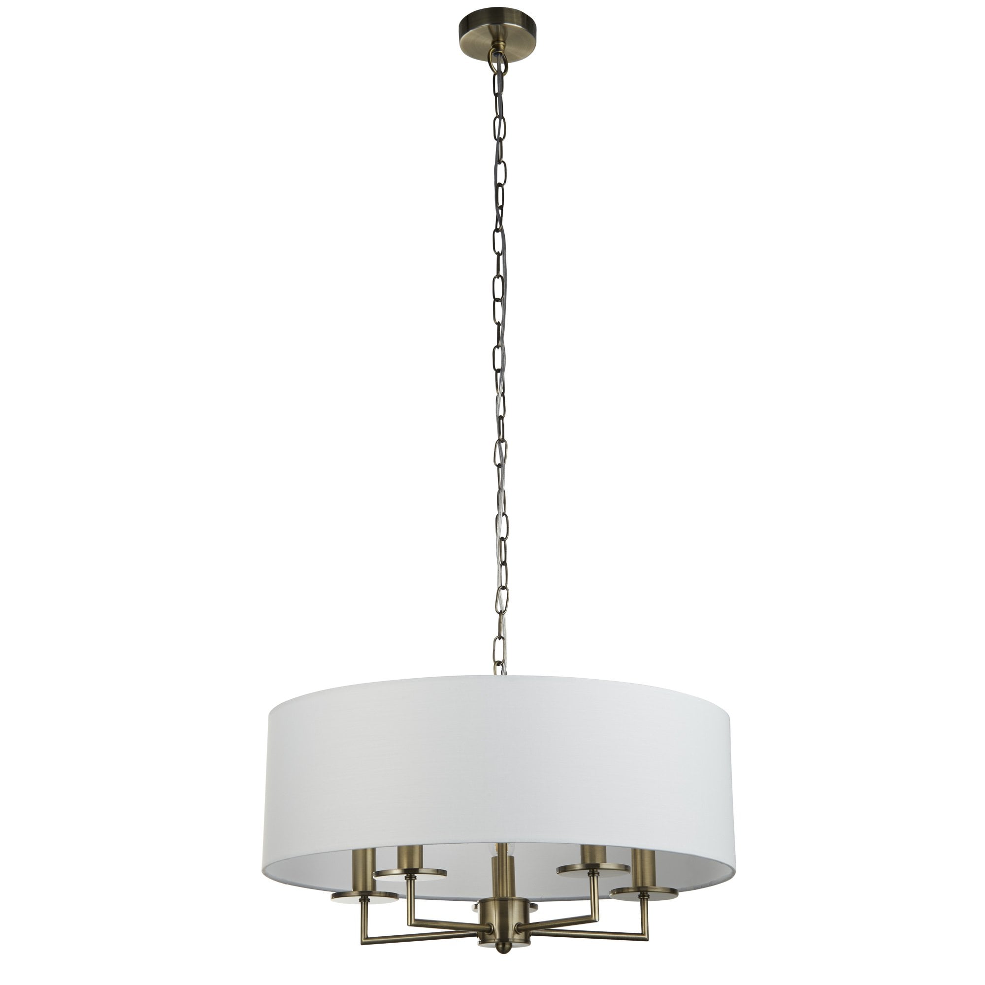 Searchlight James 5 Light Pendant - Antique Brass & White Linen Shade