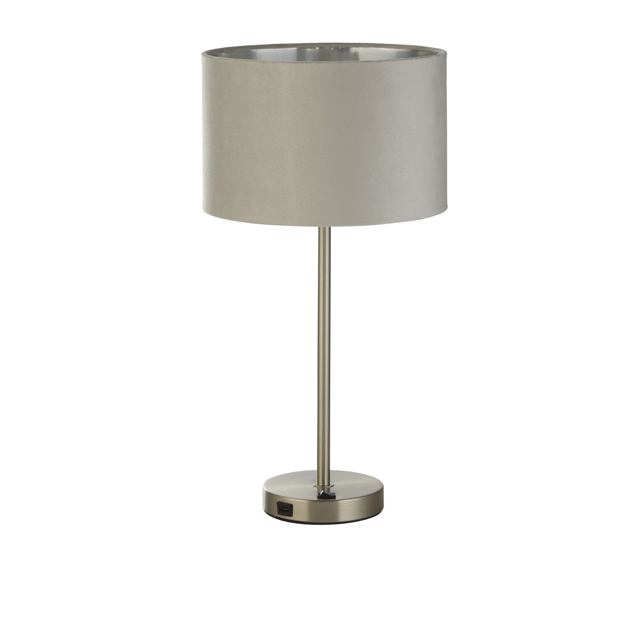 Searchlight Fairview USB Table Lamp - Satin Nickel & Grey Velvet Shade