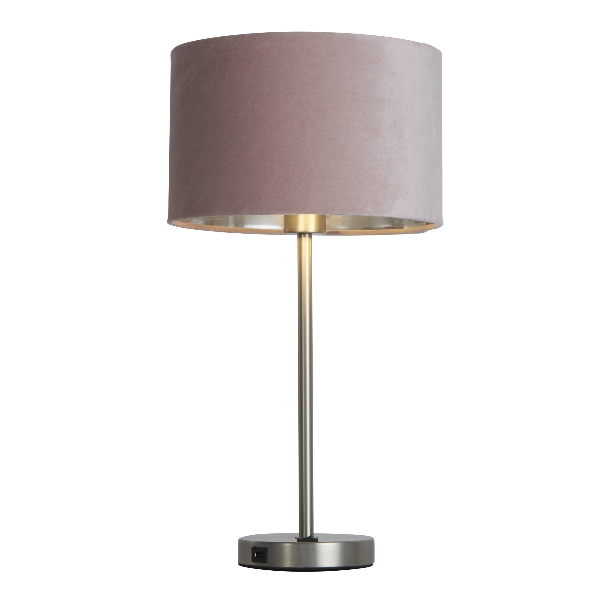 Searchlight Fairview USB Table Lamp - Satin Nickel & Pink Velvet Shade