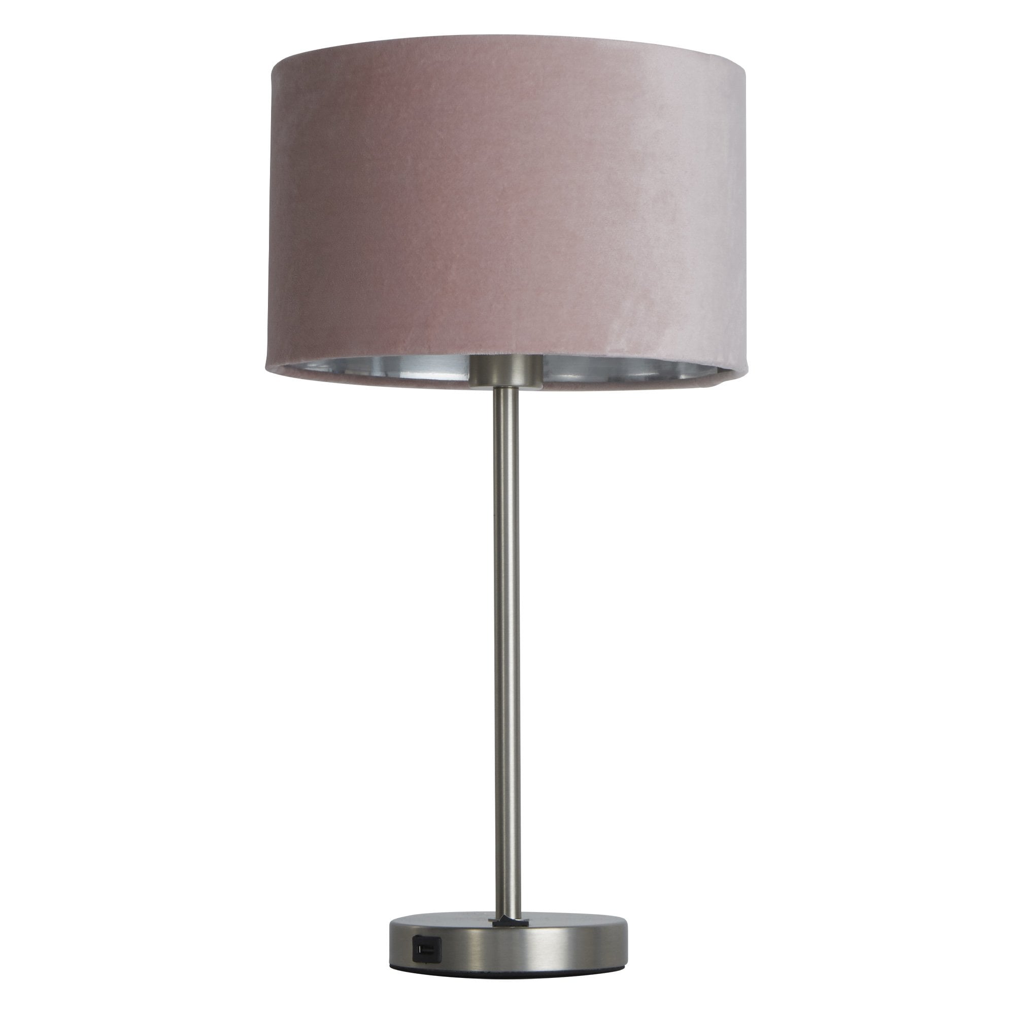 Searchlight Fairview USB Table Lamp - Satin Nickel & Pink Velvet Shade