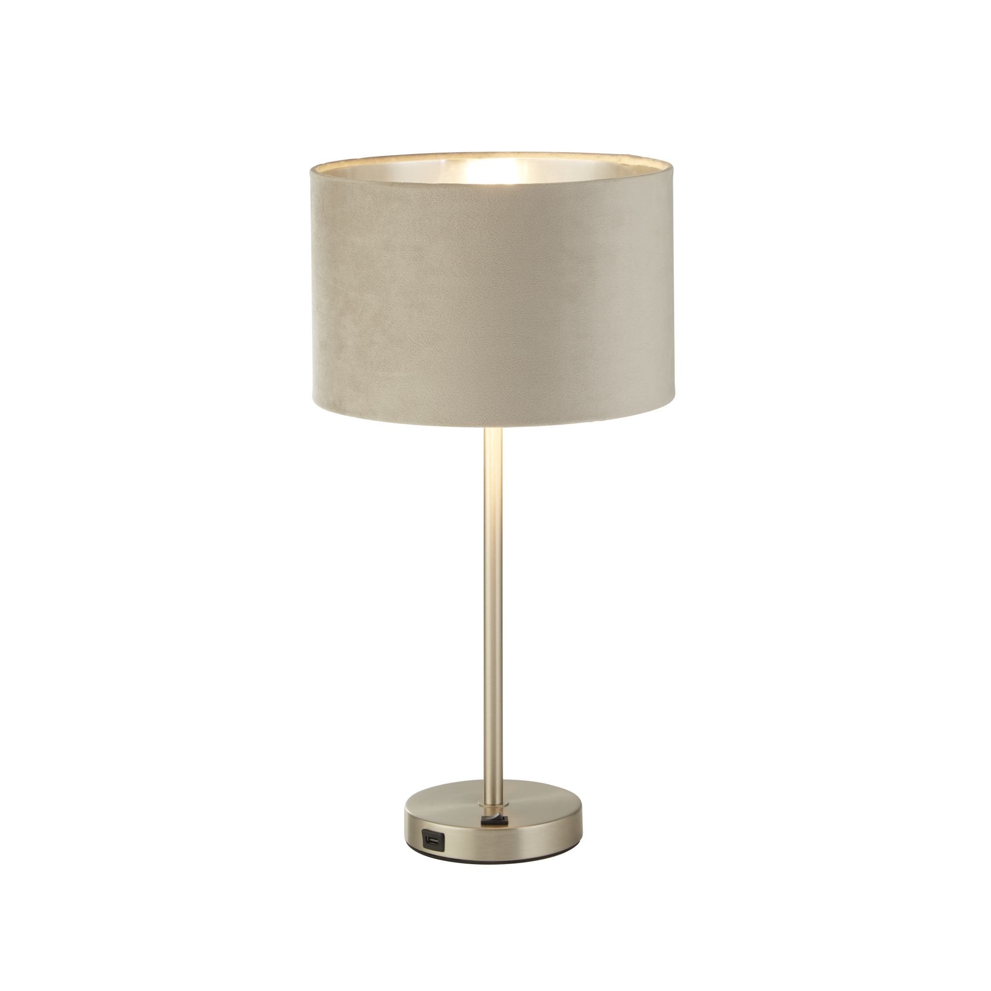 Searchlight Fairview USB Table Lamp - Satin Nickel & Taupe Velvet Shade