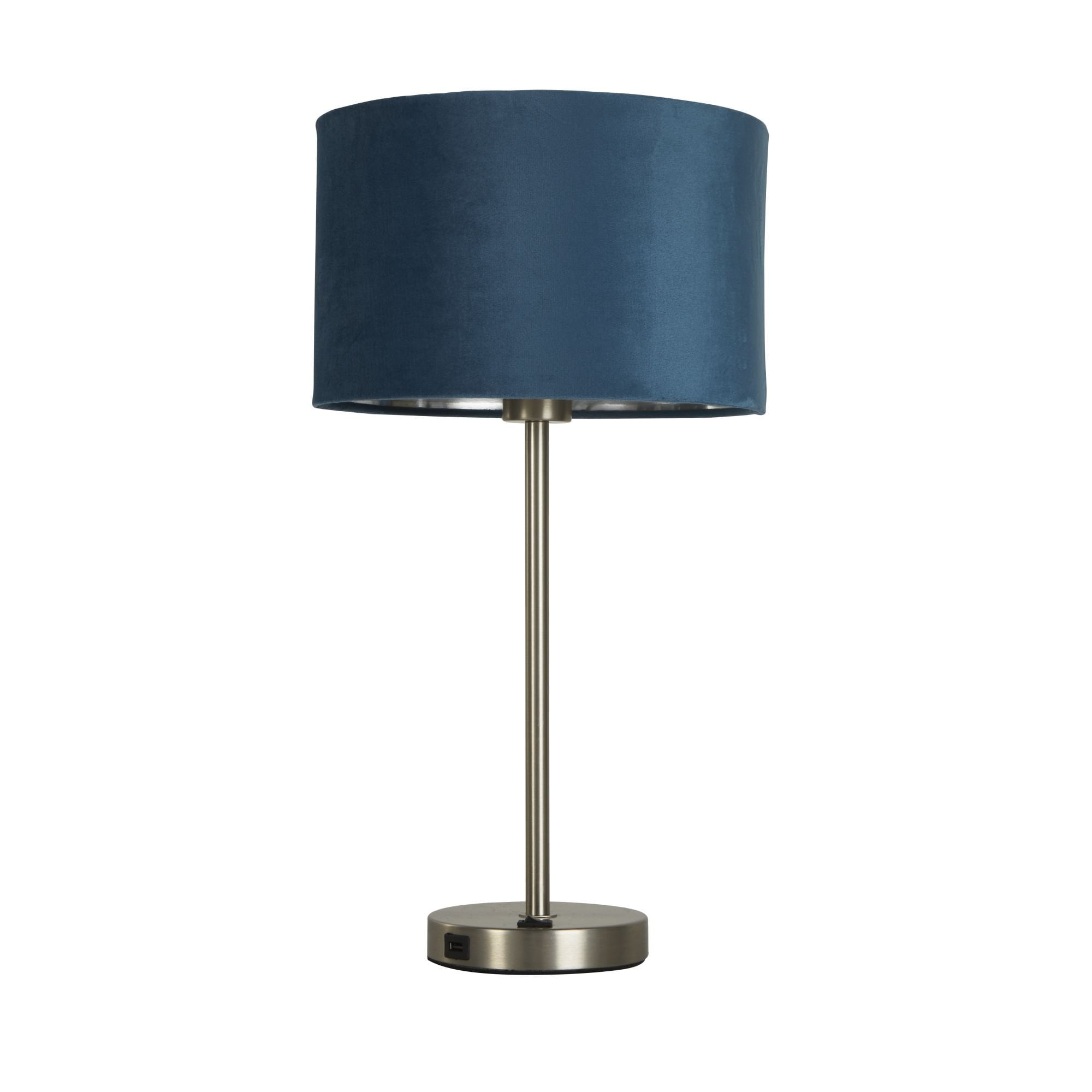 Searchlight Fairview USB Table Lamp - Satin Nickel & Teal Velvet Shade