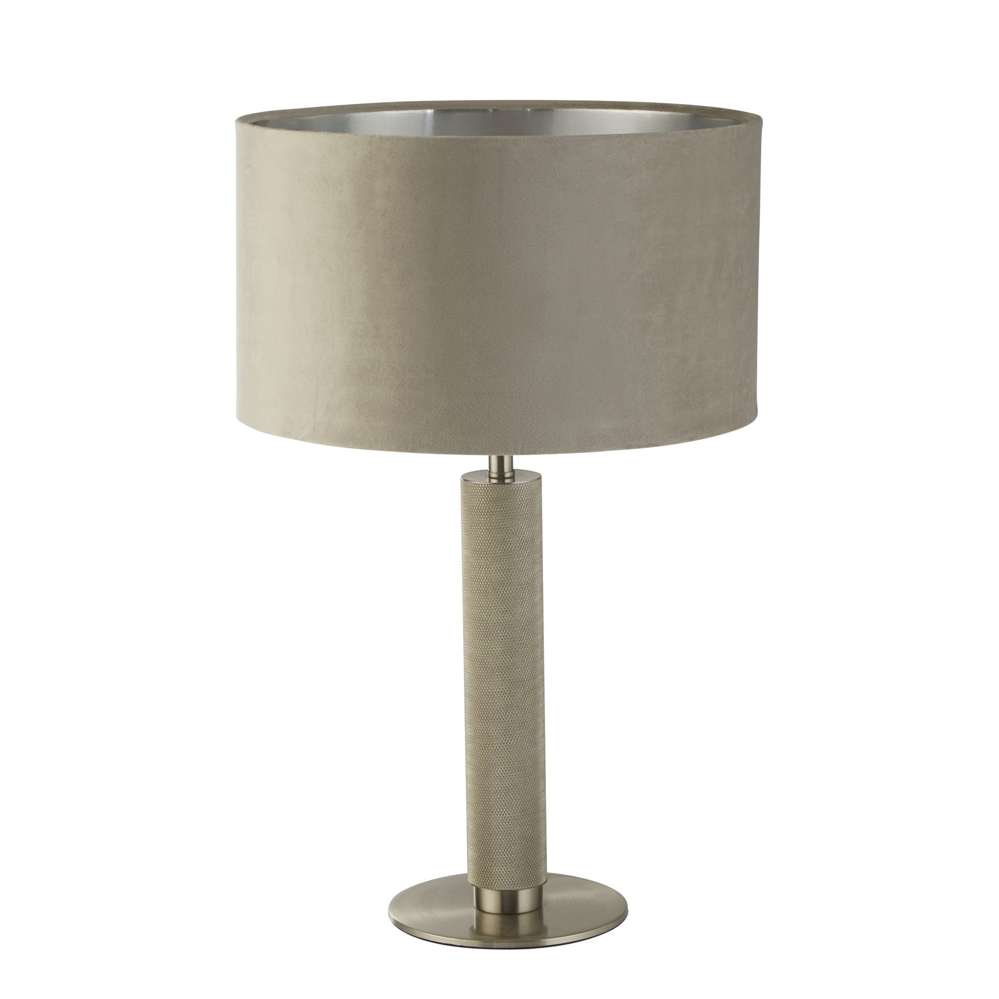Searchlight Latimer Table Lamp - Knurled Satin Silver & Taupe Velvet Shade
