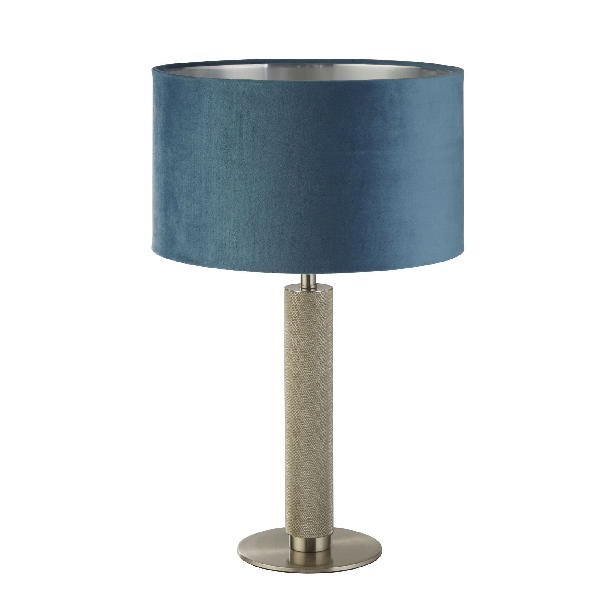 Searchlight Latimer Table Lamp - Knurled Satin Silver & Teal Velvet Shade