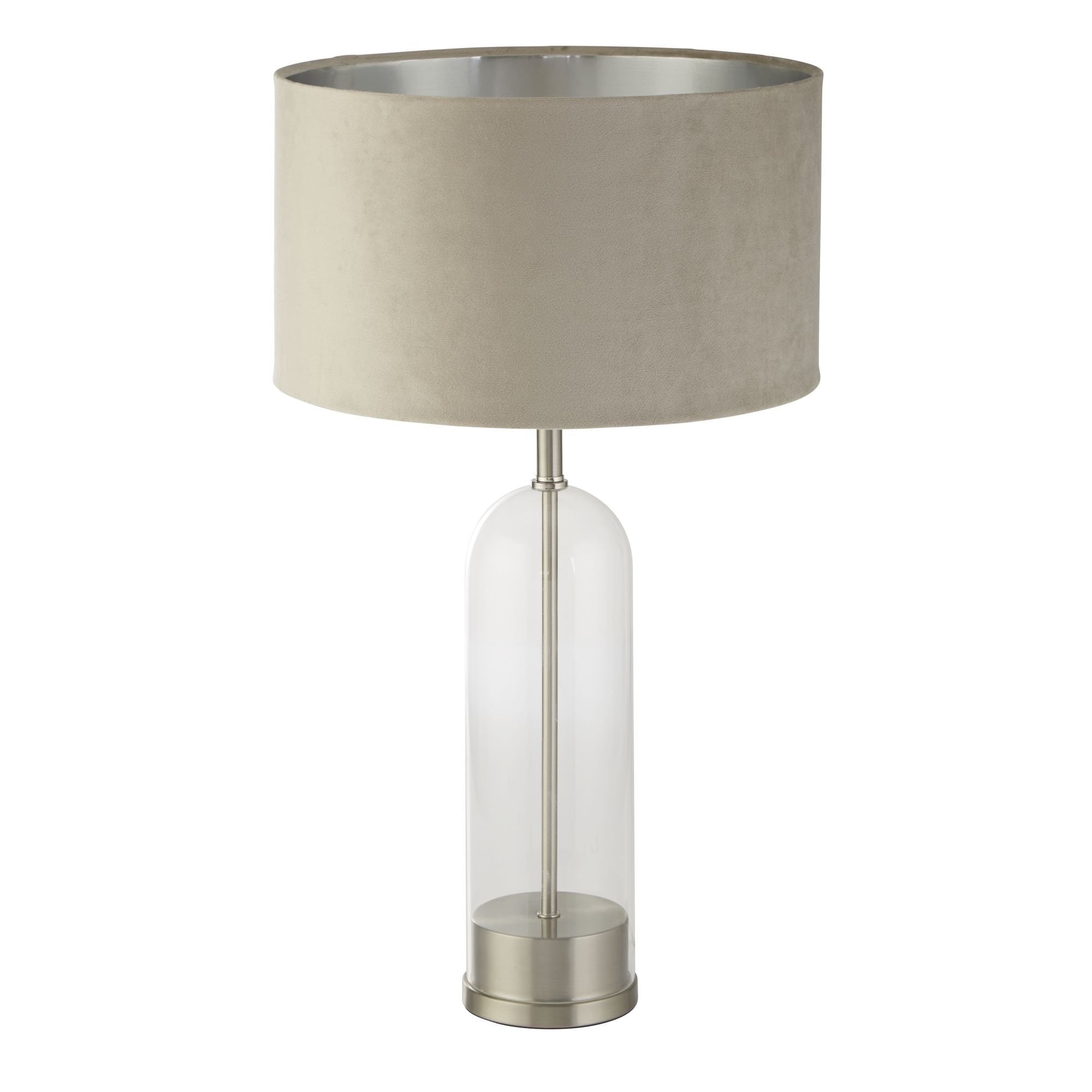 Searchlight Owen Table Lamp - Satin Nickel, Glass & Taupe Velvet Shade