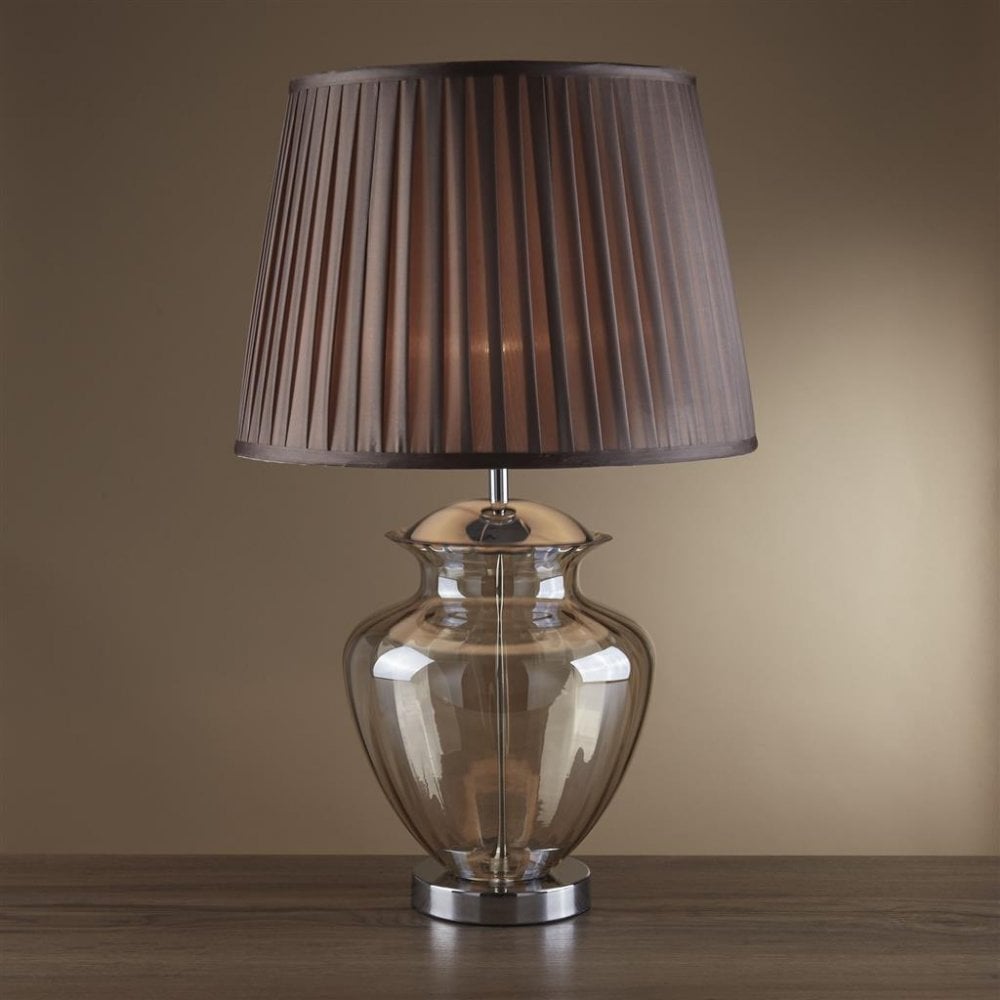 Searchlight Edgar Table Lamp - Chrome, Amber Glass & Brown Shade