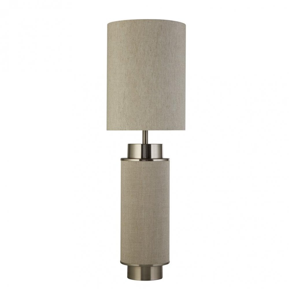 Searchlight Feltwell Table Lamp - Satin Nickel, Grey Hessian & White Linen