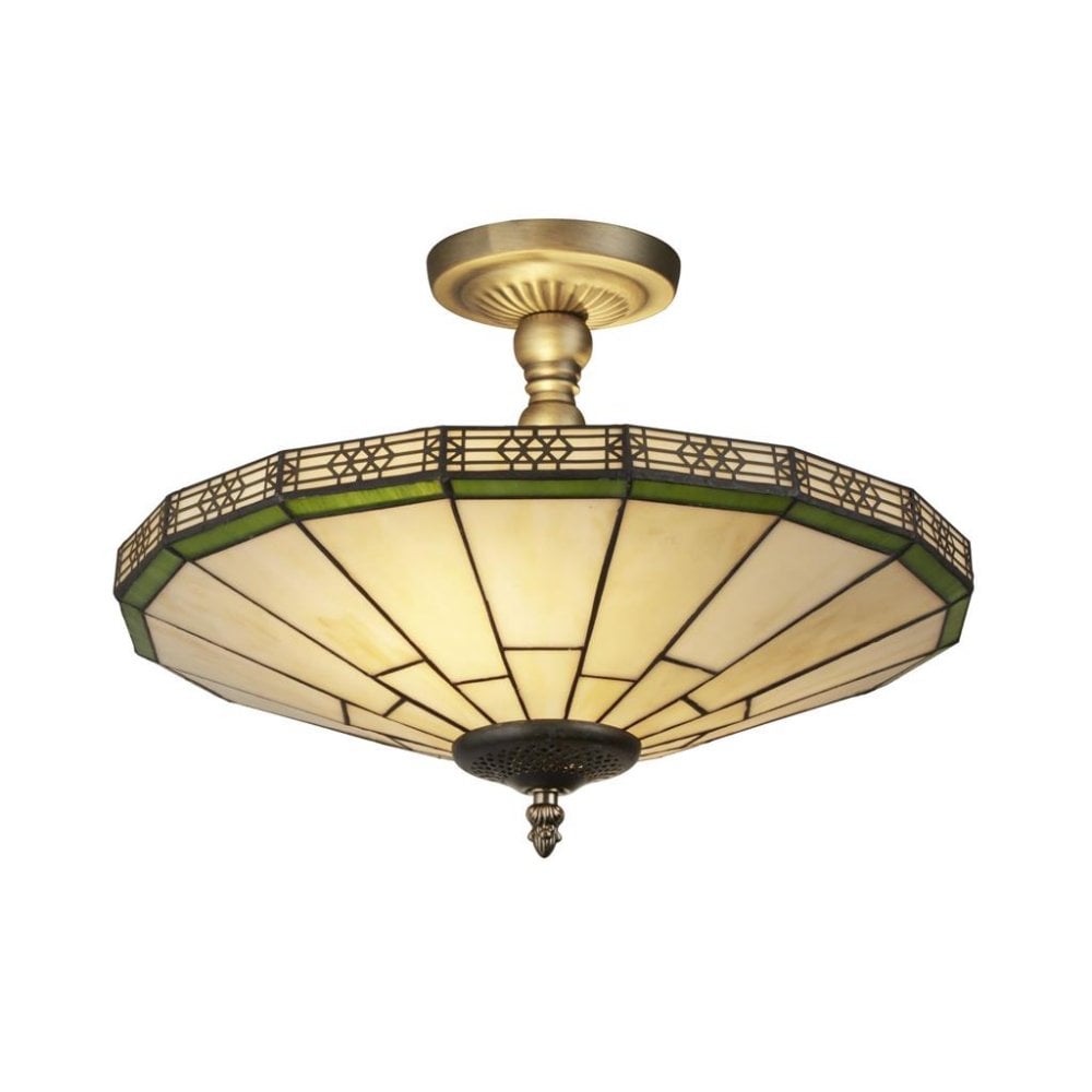 Searchlight Nelson 2 Light Semi-Flush - Brass & Stained Glass