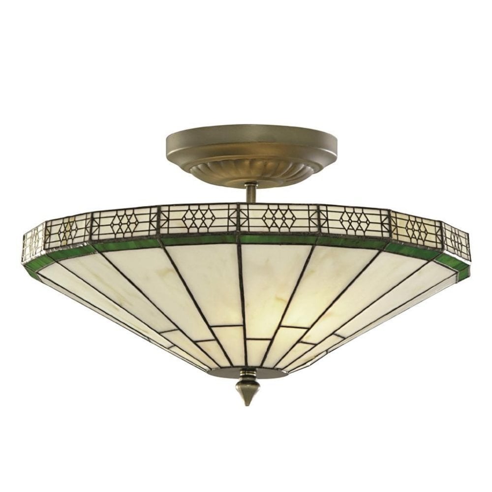 Searchlight Nelson 2 Light Semi-Flush - Brass & Stained Glass