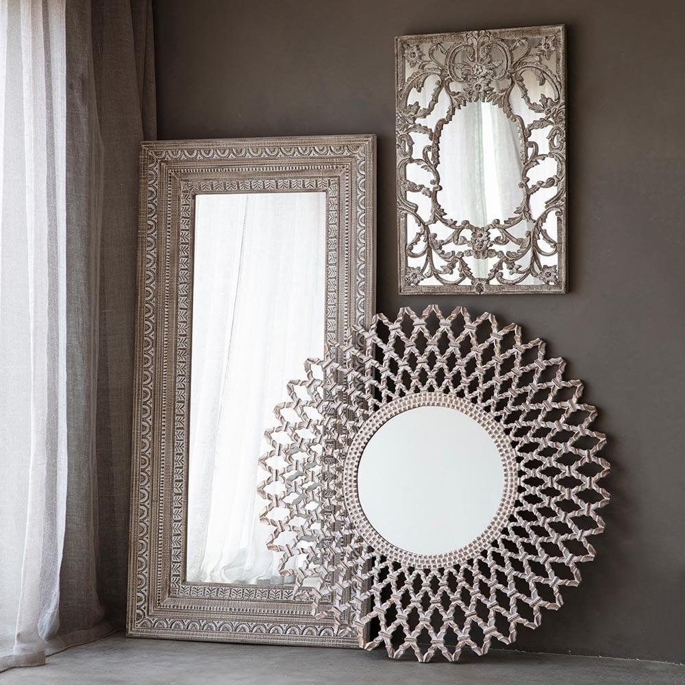 Mura Brockway Round Wall Mirror - White Washed Wood