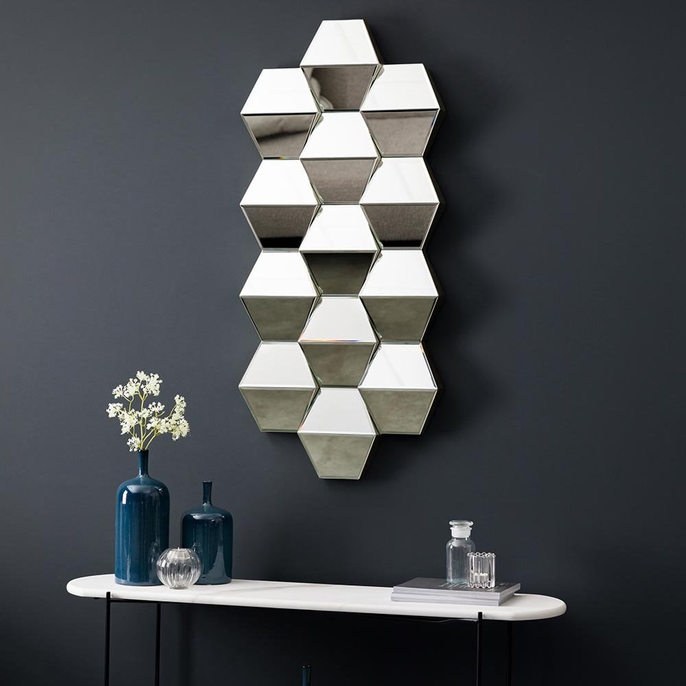 Mura Parry Facetted Hexagonal Decorative Wall Mirror - Brushed Silver Frame