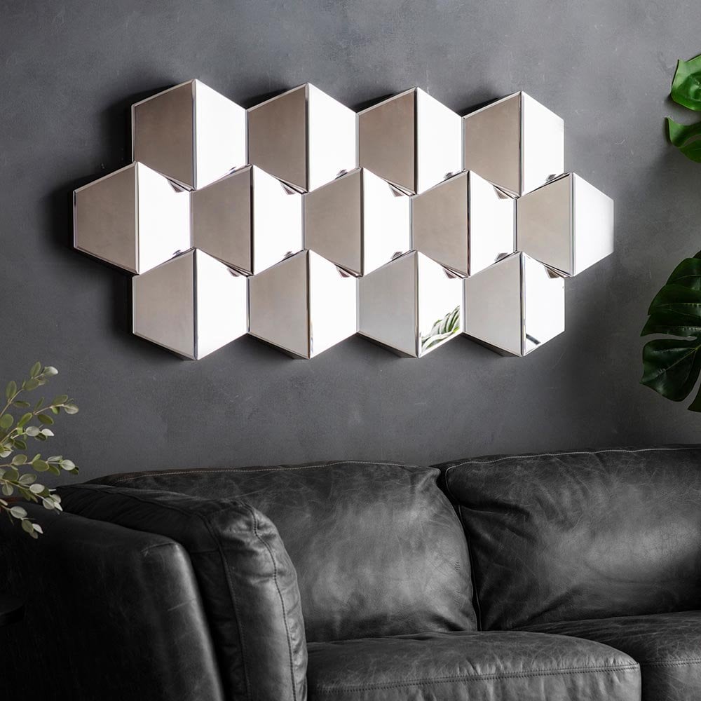 Mura Parry Facetted Hexagonal Decorative Wall Mirror - Brushed Silver Frame