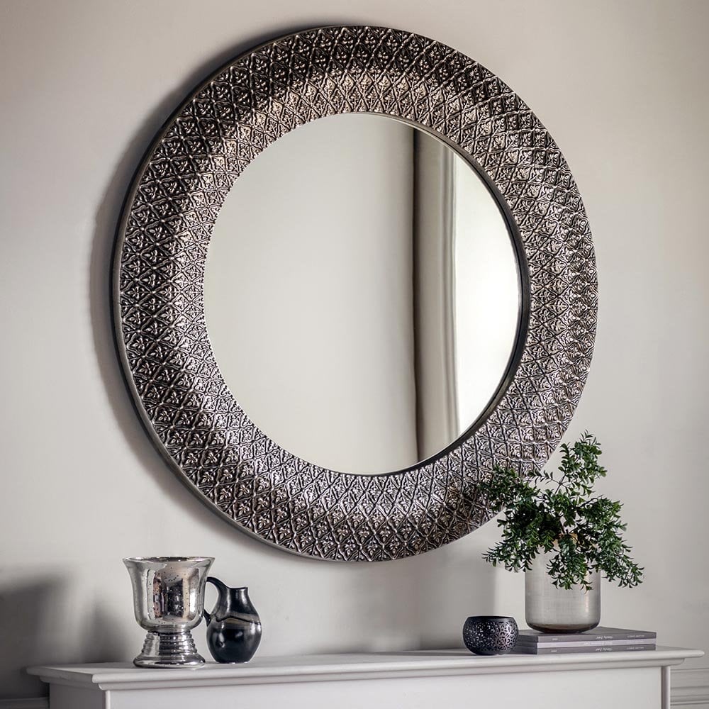 Mura Grosvenor Round Wall Mirror - Aged Pewter Filigree