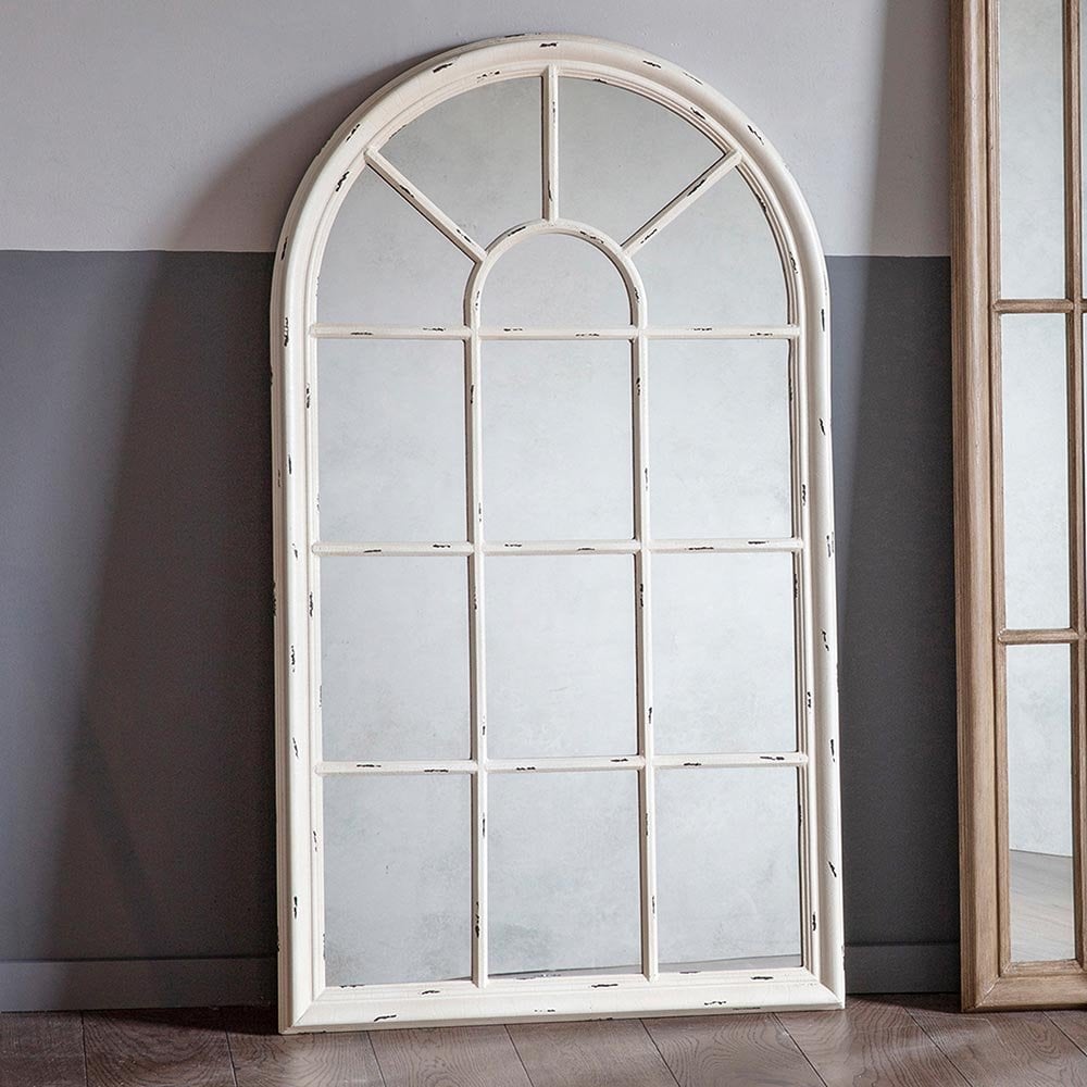 Mura Ellesmere Arch Window Wall Mirror - Distressed White Wood