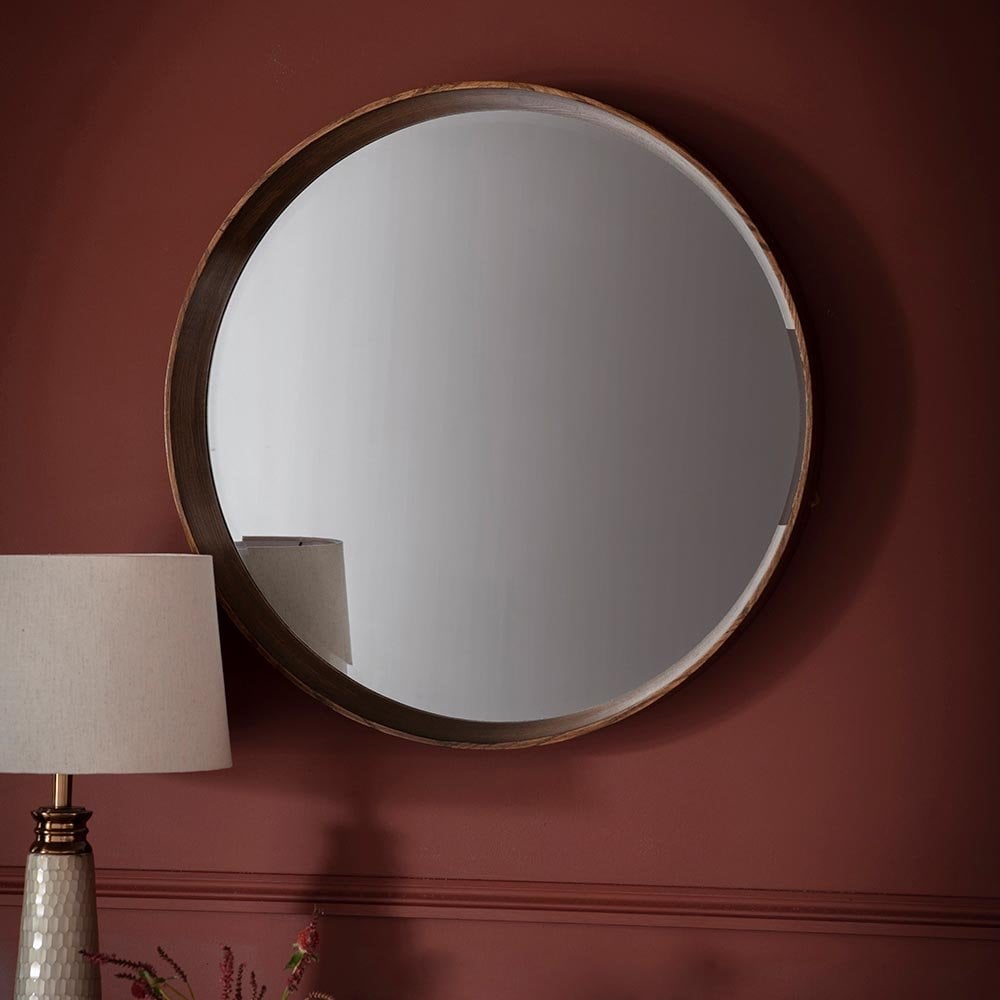 Mura Harold Medium Round Wall Mirror - Walnut Stained Wood