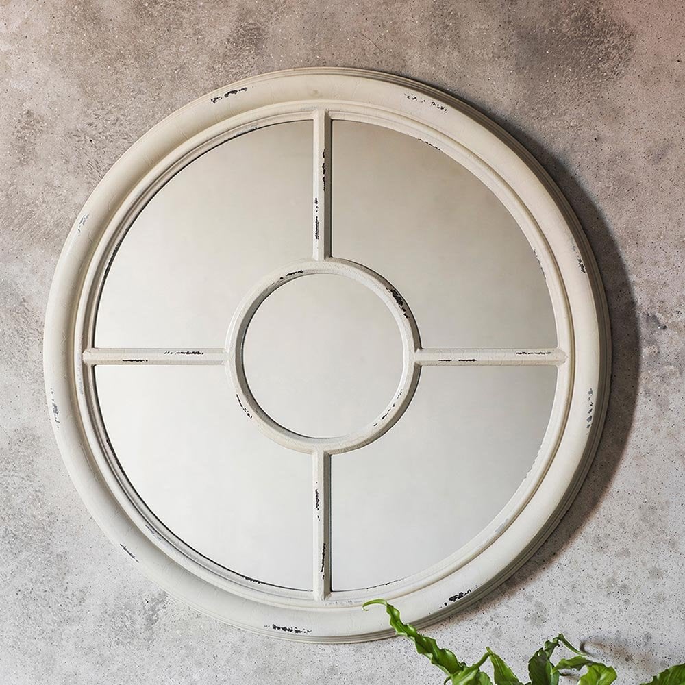Mura Cleveland Round Window Wall Mirror - Distressed White