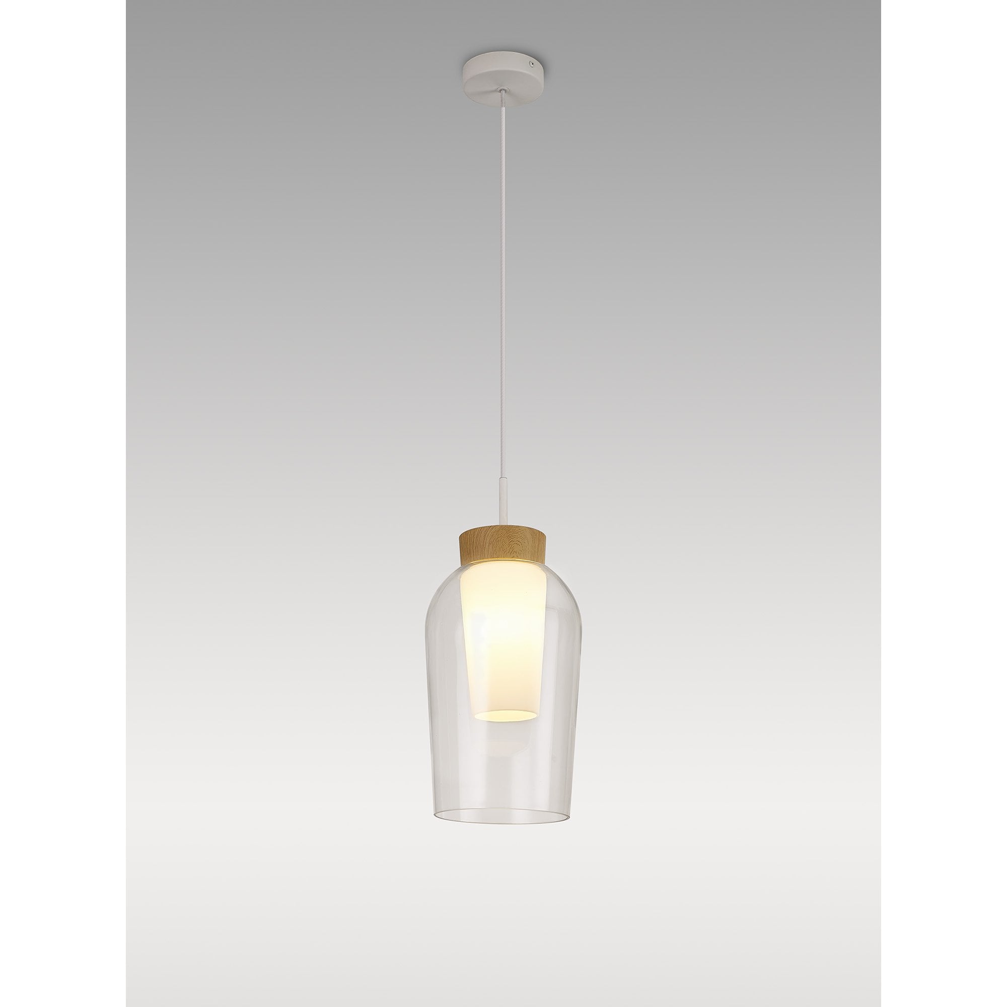 Mantra Nora Single Adjustable Pendant - White, Wood & Clear Glass With Frosted Inner