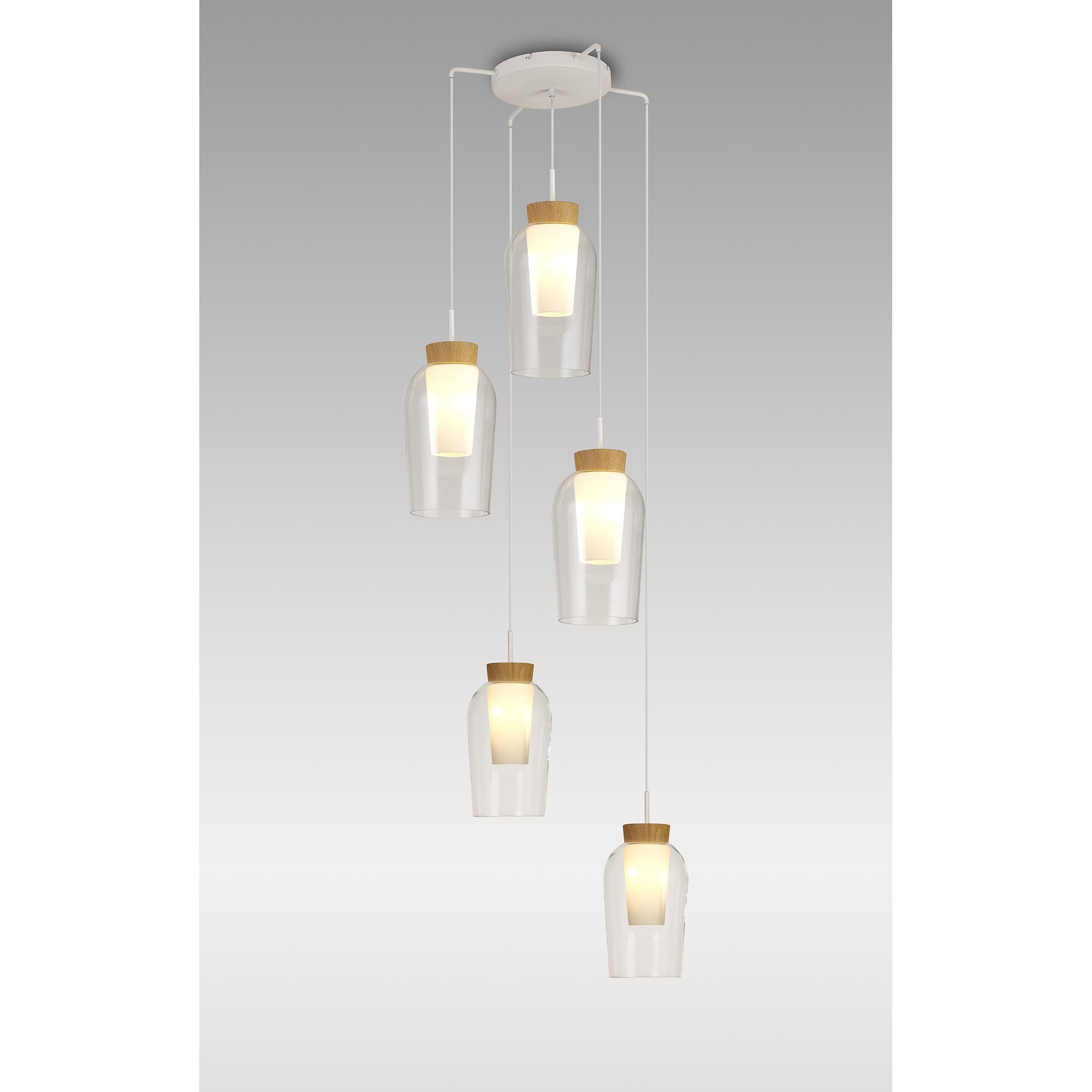 Mantra Nora 5 Light Adjustable Round Pendant - White, Wood & Clear Glass With Frosted Inner