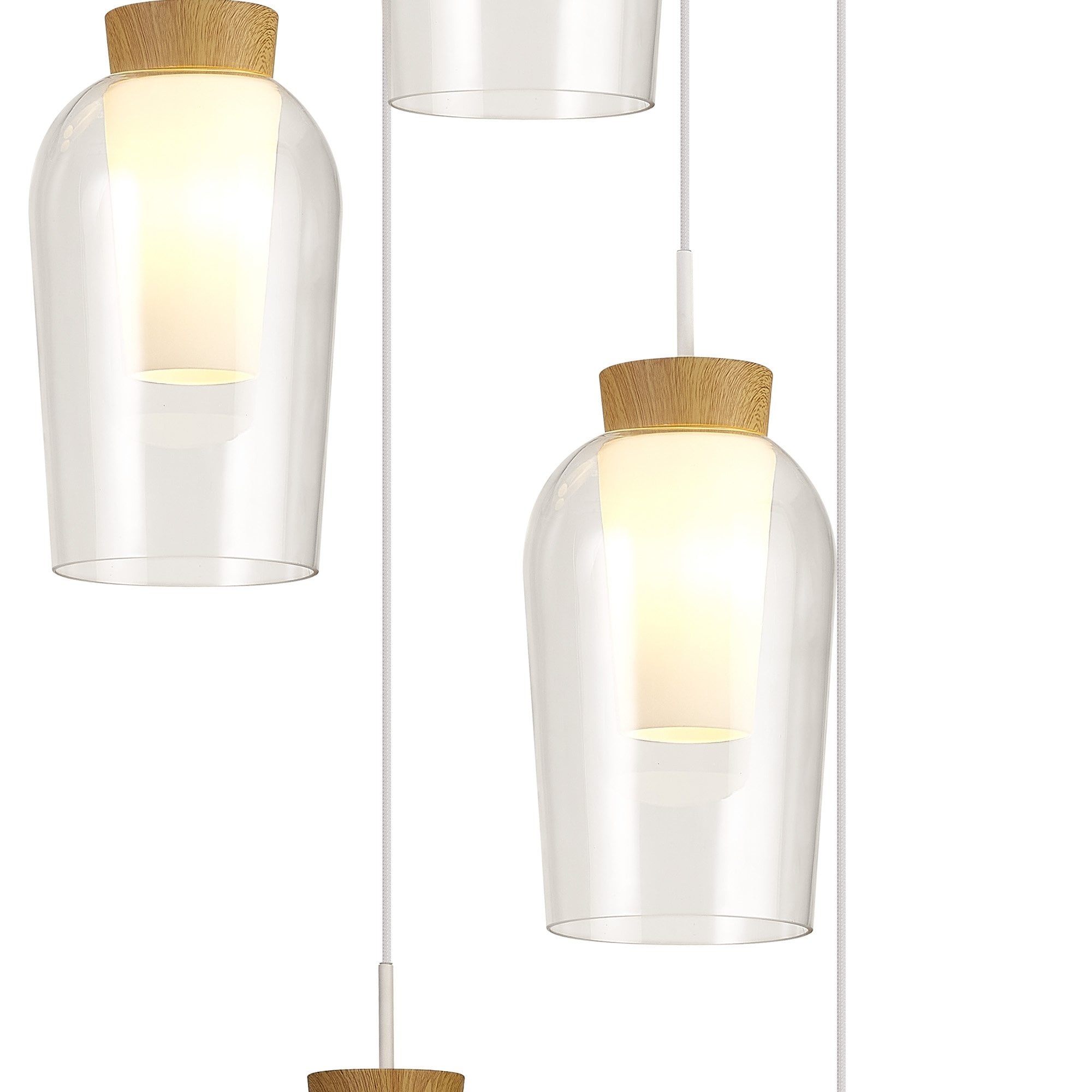 Mantra Nora 5 Light Adjustable Round Pendant - White, Wood & Clear Glass With Frosted Inner
