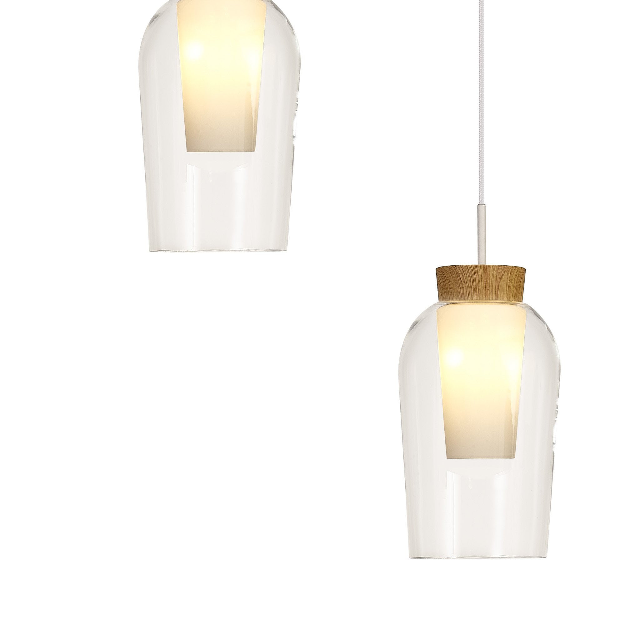 Mantra Nora 5 Light Adjustable Round Pendant - White, Wood & Clear Glass With Frosted Inner