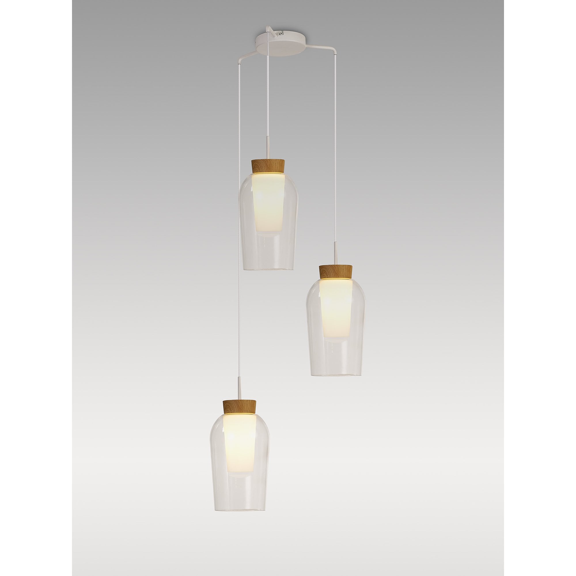 Mantra Nora 3 Light Adjustable Round Pendant - White, Wood & Clear Glass With Frosted Inner