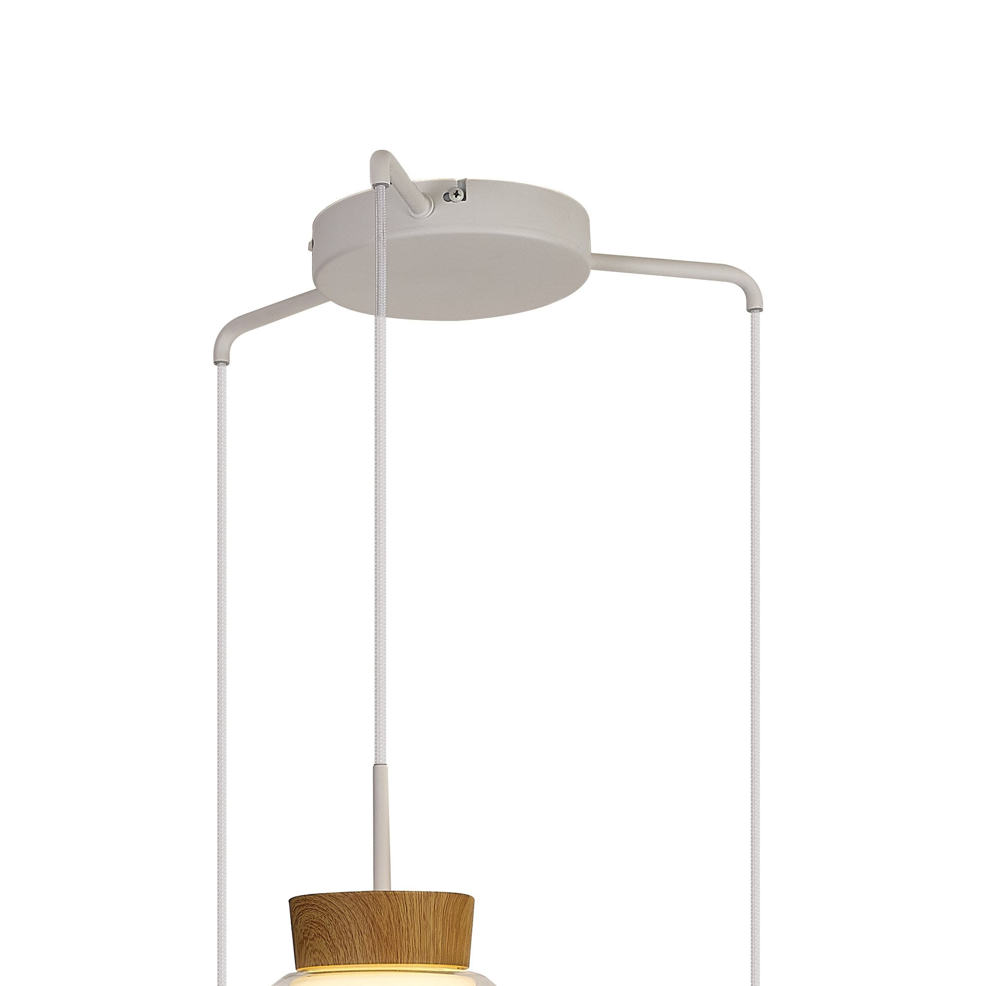 Mantra Nora 3 Light Adjustable Round Pendant - White, Wood & Clear Glass With Frosted Inner